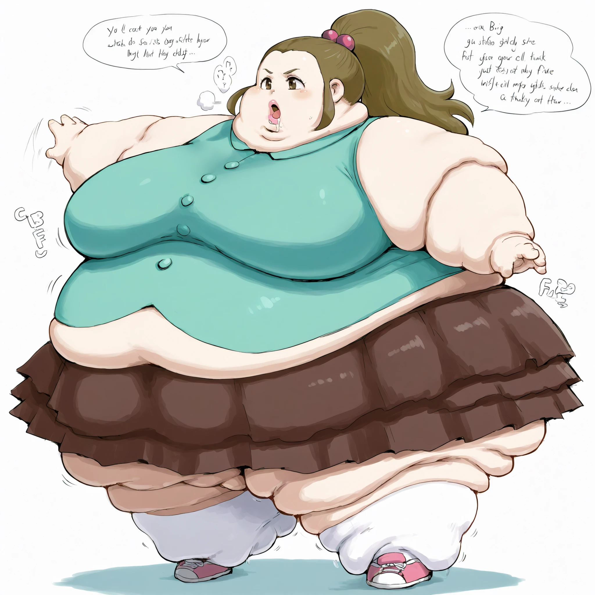 schoolkid time,hair bobbles,sleeveless shirt,brown skirt,kneehighs, sneakers, fat, chubby, obese, fat neck, multiple chins, big breasts open mouth, out of breath, Larger female, full body shot, only head, large head, oversized limbs, large hands, large feet, oversized feet, oversized fingers, big lips, plump lips, fat face, fupa, big fupa, fat fupa, hunchback, hyper lips