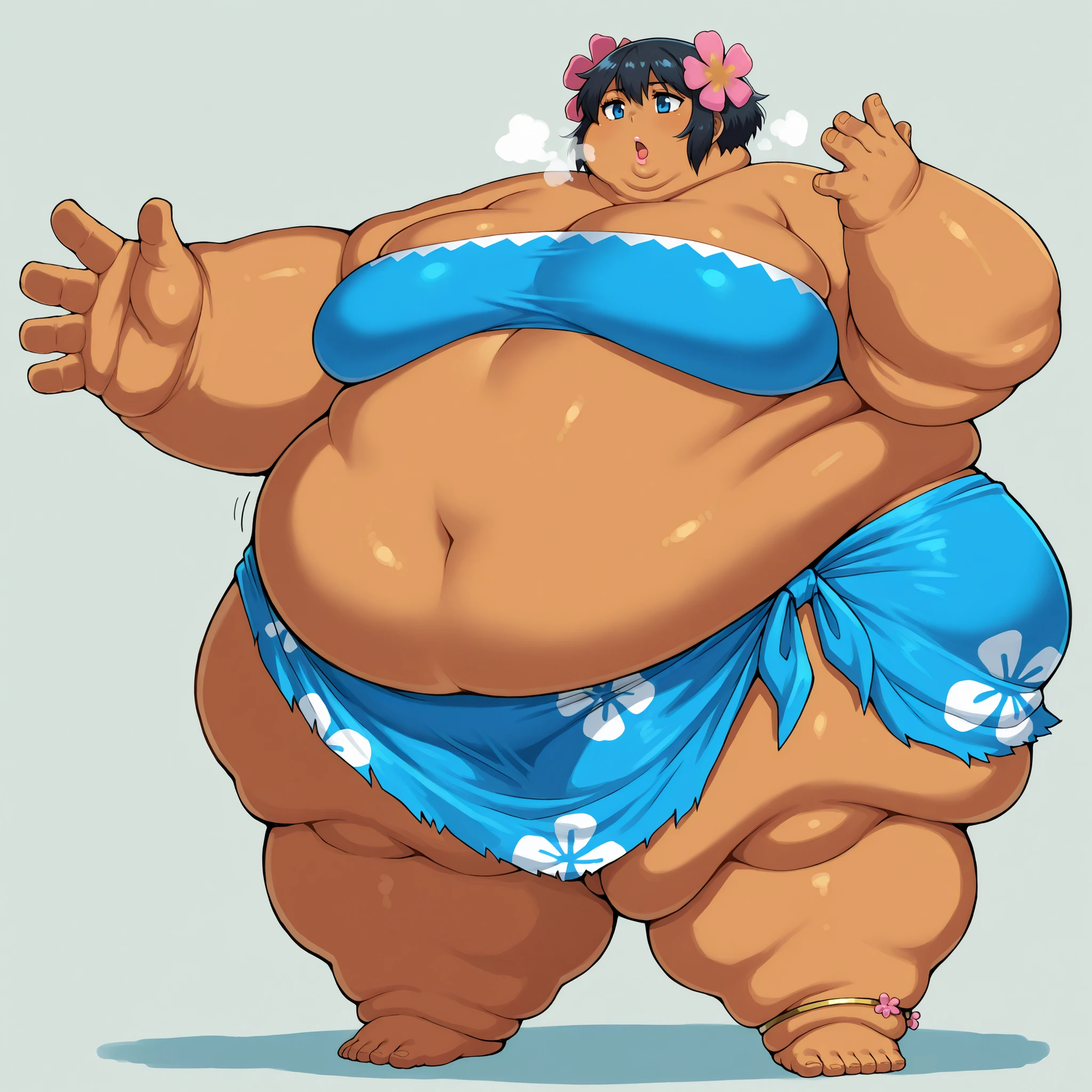 defPhoebe, black hair, blue eyes, dark skin, hair flower, pink flower, blue tube top, strapless, midriff, blue sarong, blue skirt, anklet, barefoot, fat, chubby, obese, fat neck, multiple chins, big breasts open mouth, out of breath, Larger female, full body shot, only head, large head, oversized limbs, large hands, large feet, oversized feet, oversized fingers, big lips, plump lips, fat face, fupa, big fupa, fat fupa, hunchback,