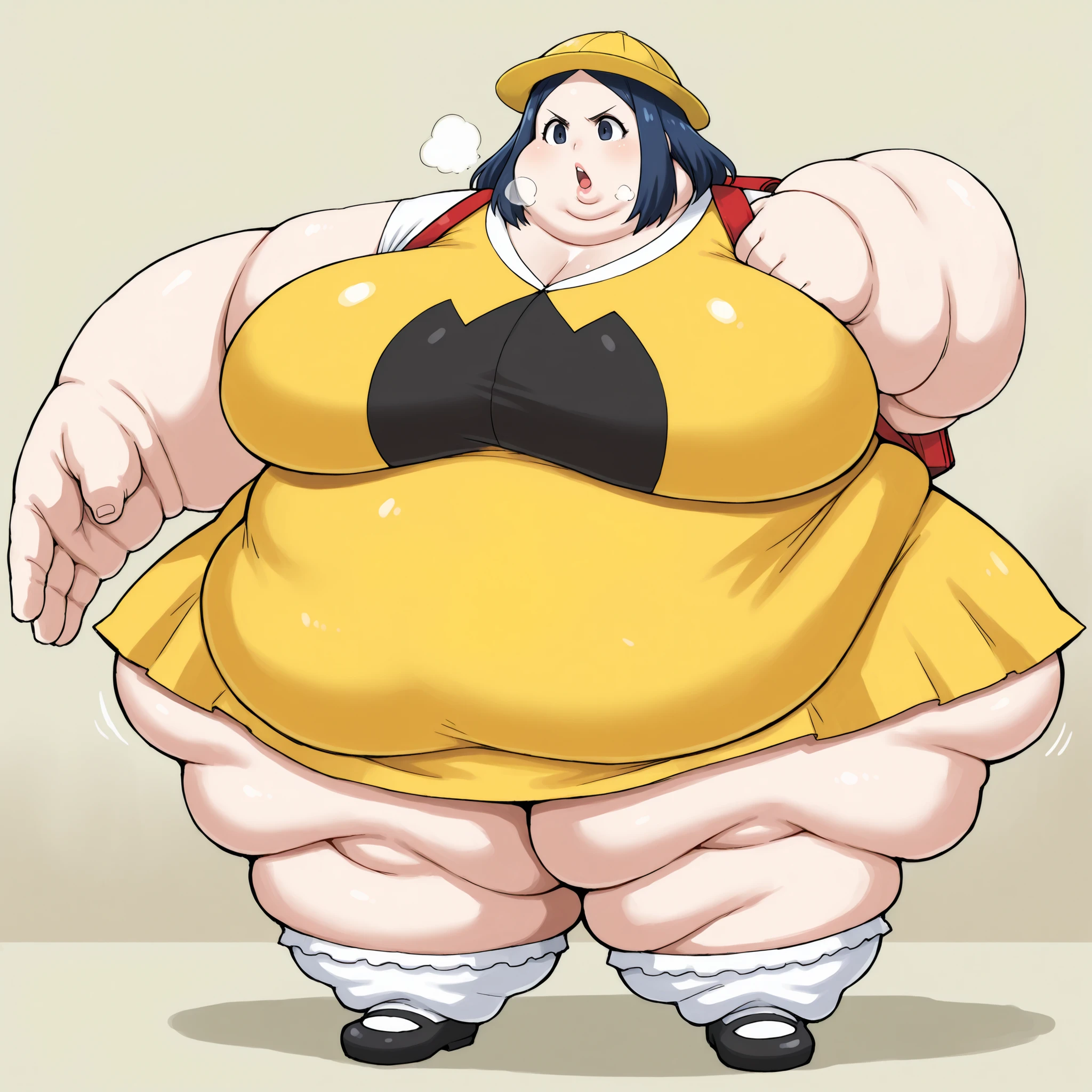 tmgrnt, dark blue hair, forehead, dark blue eyes, big breasts, very short skirt, dress,yellow school hat,vinyl red school backpack,bobby socks,mary janes,school, fat, chubby, obese, fat neck, multiple chins, big breasts open mouth, out of breath, Larger female, full body shot, only head, large head, oversized limbs, large hands, large feet, oversized feet, oversized fingers, big lips, plump lips, fat face, fupa, big fupa, fat fupa, hunchback, 