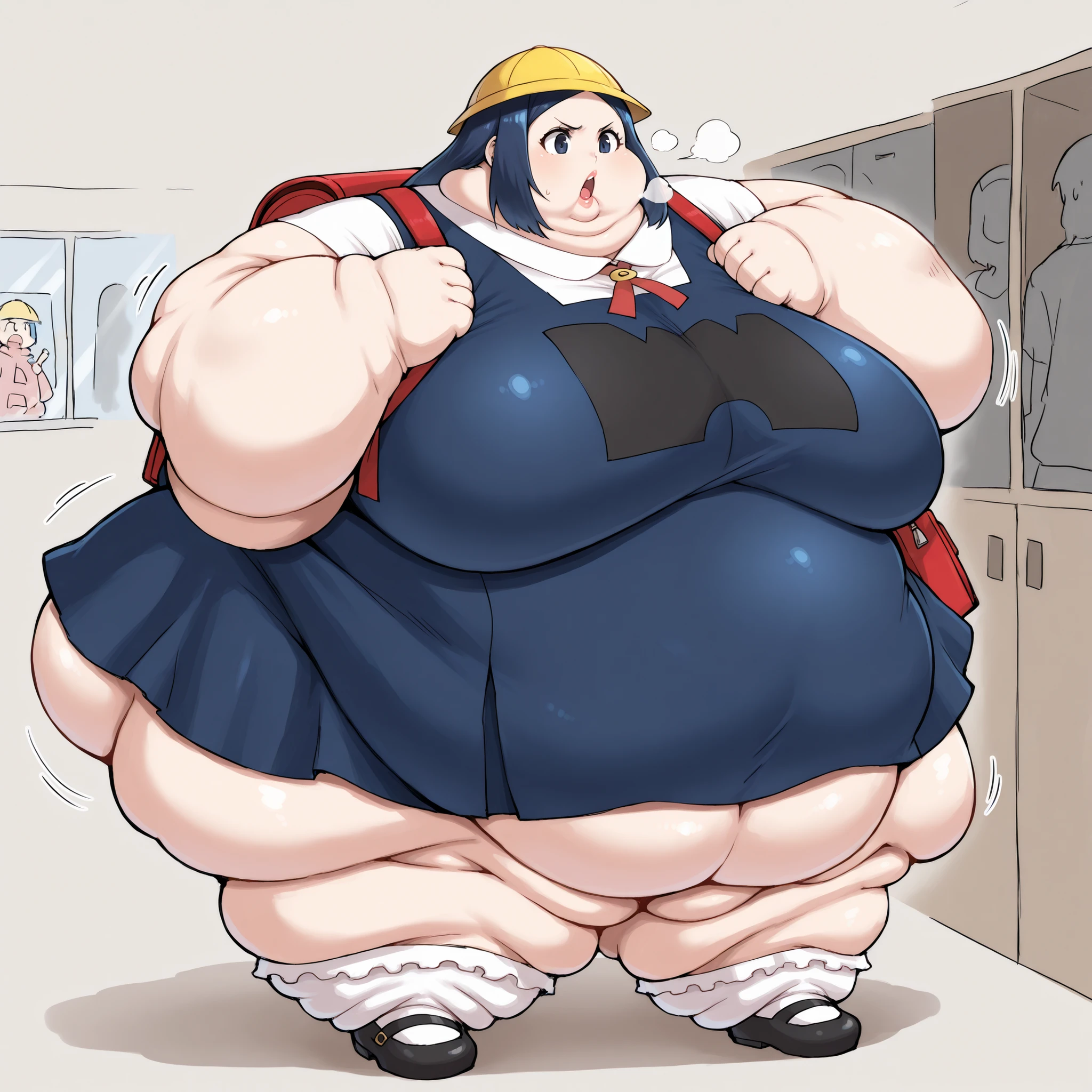 tmgrnt, dark blue hair, forehead, dark blue eyes, big breasts, very short skirt, dress,yellow school hat,vinyl red school backpack,bobby socks,mary janes,school, fat, chubby, obese, fat neck, multiple chins, big breasts open mouth, out of breath, Larger female, full body shot, only head, large head, oversized limbs, large hands, large feet, oversized feet, oversized fingers, big lips, plump lips, fat face, fupa, big fupa, fat fupa, hunchback, 