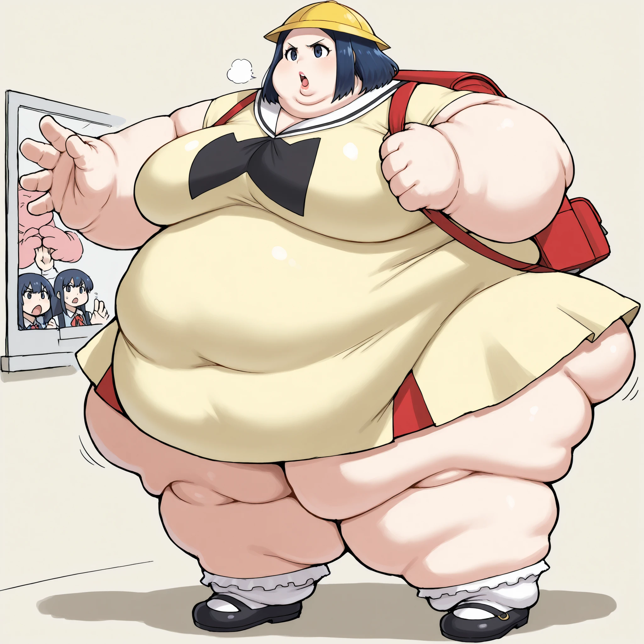 tmgrnt, dark blue hair, forehead, dark blue eyes, big breasts, very short skirt, dress,yellow school hat,vinyl red school backpack,bobby socks,mary janes,school, fat, chubby, obese, fat neck, multiple chins, big breasts open mouth, out of breath, Larger female, full body shot, only head, large head, oversized limbs, large hands, large feet, oversized feet, oversized fingers, big lips, plump lips, fat face, fupa, big fupa, fat fupa, hunchback, going to pre school