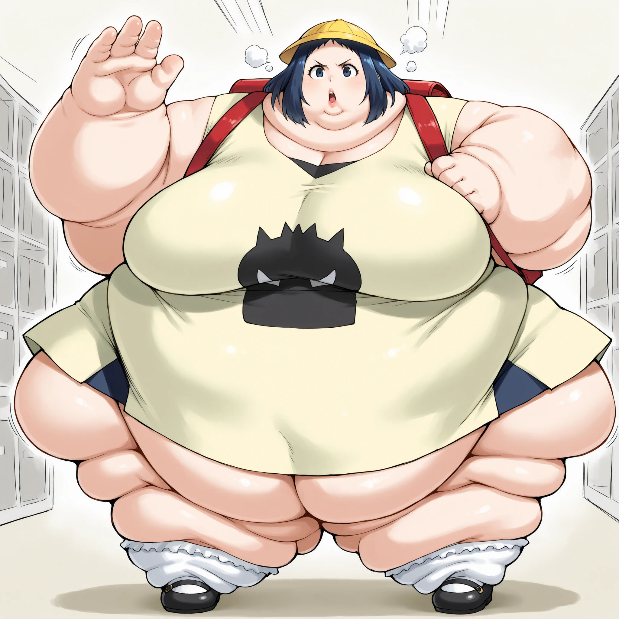 tmgrnt, dark blue hair, forehead, dark blue eyes, big breasts, very short skirt, dress,yellow school hat,vinyl red school backpack,bobby socks,mary janes,school, fat, chubby, obese, fat neck, multiple chins, big breasts open mouth, out of breath, Larger female, full body shot, only head, large head, oversized limbs, large hands, large feet, oversized feet, oversized fingers, big lips, plump lips, fat face, fupa, big fupa, fat fupa, hunchback, going to pre school 