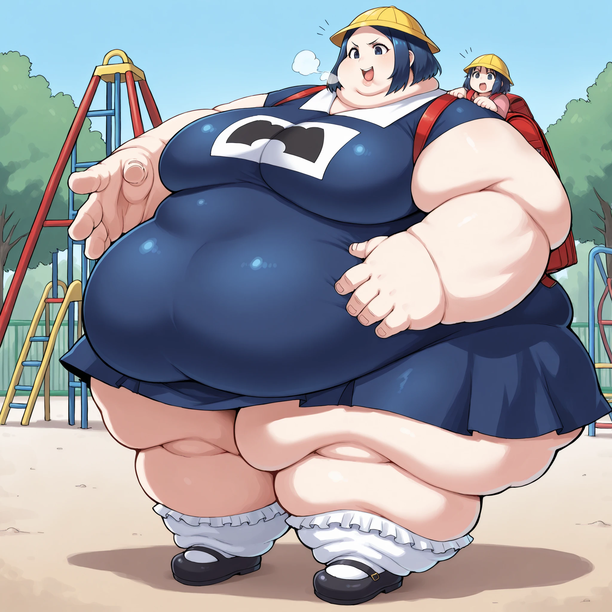 tmgrnt, dark blue hair, forehead, dark blue eyes, big breasts, very short skirt, dress,yellow school hat,vinyl red school backpack,bobby socks,mary janes,school, fat, chubby, obese, fat neck, multiple chins, big breasts open mouth, out of breath, Larger female, full body shot, only head, large head, oversized limbs, large hands, large feet, oversized feet, oversized fingers, big lips, plump lips, fat face, fupa, big fupa, fat fupa, hunchback, going to pre school, playground, playing, innocent smile 