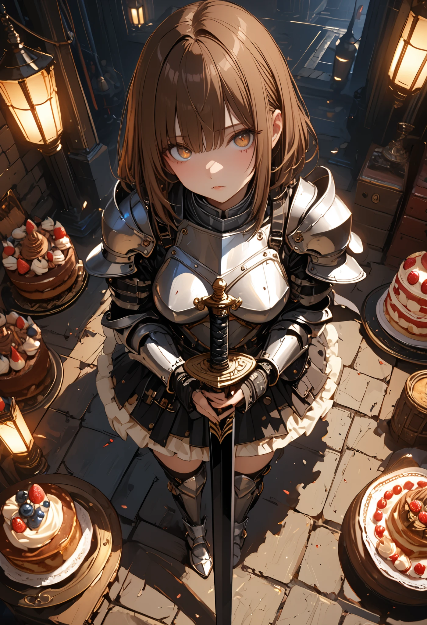 (((Knight of Cakes)))、The personification of a cake、Cookie Armor 、((big black sword))、((swordsman))、There's a big sword stuck in the floor、Beautiful girl、brown hair、Candy Castle、 Cookie Bricks、((from above:1.2)),The Knights in Armor、strong pose、Cream dances、Lantern Light、(masterpiece,Highest Quality,ULTRA DETAIL,超high definition,detailed background),(1girl),watch the viewers,solo,masterpiece，（masterpiece），fuill body ,best quality ，（Highest Quality）， cinematiclighting ，（Cinematic Lights）、beautiful detailed eyes ，eye detail connected to an electric wire，uitra-detailed，（Super Detailed），highresolution， （high definition），8k，8K resolution，official art，（official illustration style），