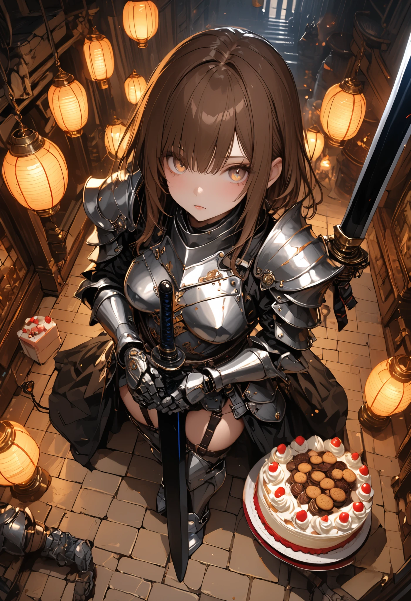 (((Knight of Cakes)))、The personification of a cake、Cookie Armor 、((big black sword))、((swordsman))、There's a big sword stuck in the floor、Beautiful girl、brown hair、Candy Castle、 Cookie Bricks、((from above:1.2)),The Knights in Armor、strong pose、Cream dances、Lantern Light、(masterpiece,Highest Quality,ULTRA DETAIL,超high definition,detailed background),(1girl),watch the viewers,solo,masterpiece，（masterpiece），fuill body ,best quality ，（Highest Quality）， cinematiclighting ，（Cinematic Lights）、beautiful detailed eyes ，eye detail connected to an electric wire，uitra-detailed，（Super Detailed），highresolution， （high definition），8k，8K resolution，official art，（official illustration style），
