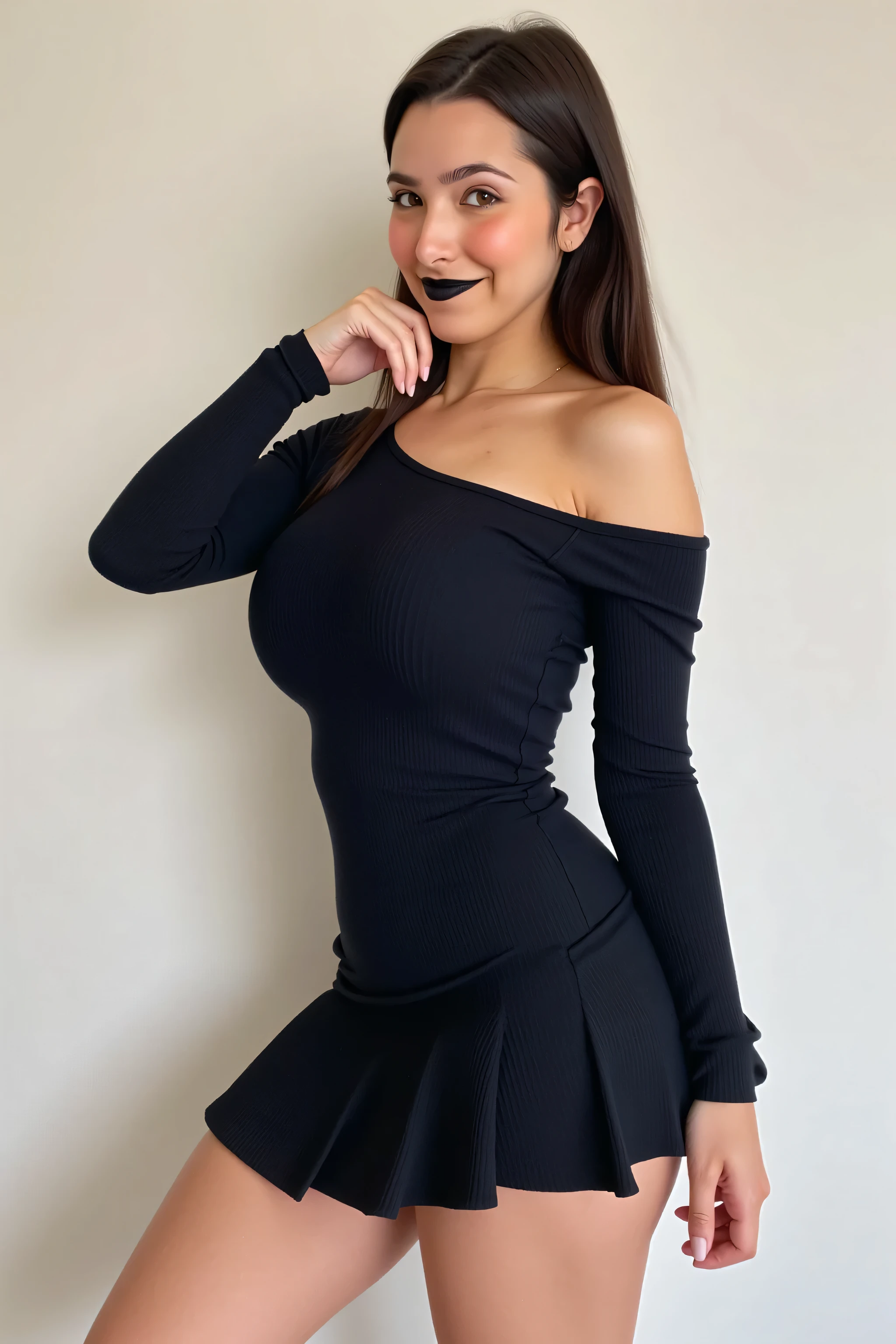 slutty, horny, solo, shy, perfect ass, thick thighs, wearing glasses, close up, upper bodyshot, pouting lips, big breasts, small waist, slim, cute smile, cleavage, freckles, seductive, black lipstick, standing, intimate, wearing dress,