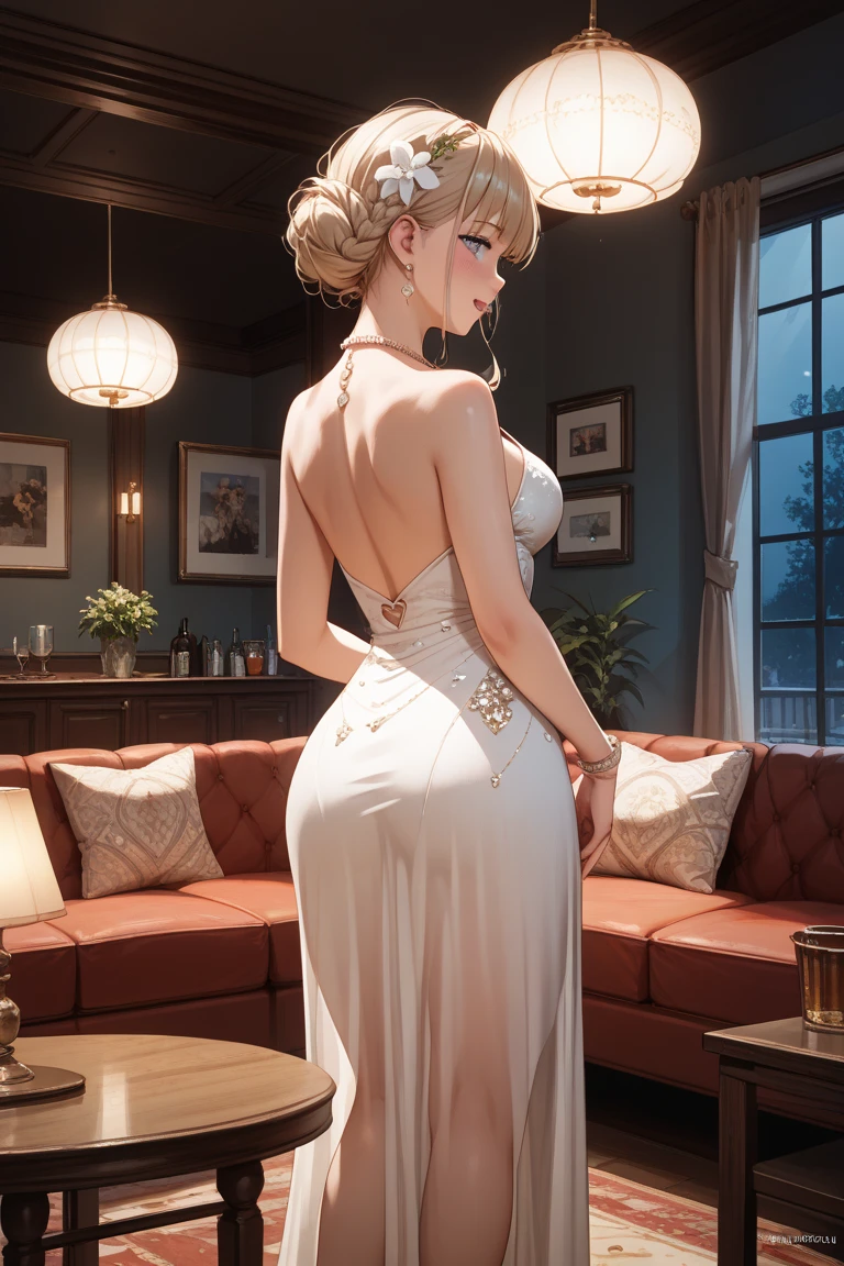 Please follow all prompts below exactly and faithfully. This is a breathtaking masterpiece of digital illustration, with maximum resolution, UHD, 512K, 2160p, 10 million ppi, 300 million dpi, natural color tones, ultra sharp details, perfect outlines with contrast, most realistic skin and hair textures, most beautiful detailed eye features, perfect anatomically correct human body, beautiful background with depth, rule of thirds, depth of field, Maximize all element is used to its full potential to create the best digital illustrations, looking back, , 1woman, sexy:1.5, beautiful face sharp, elegant woman, perfect body style, slender, beautiful big breasts, green eyes, blonde hair, hair over one eye, short hair, glossy very thick lips:0.7, pink lipstick:0.7, smile, (shiny pink clothes), wearing a soft white robe that covers her entire body over a pink bodycon dress:1.5, ultra :1.3, neckless:1.5, earring, bracelet, (open cafe:1.5),