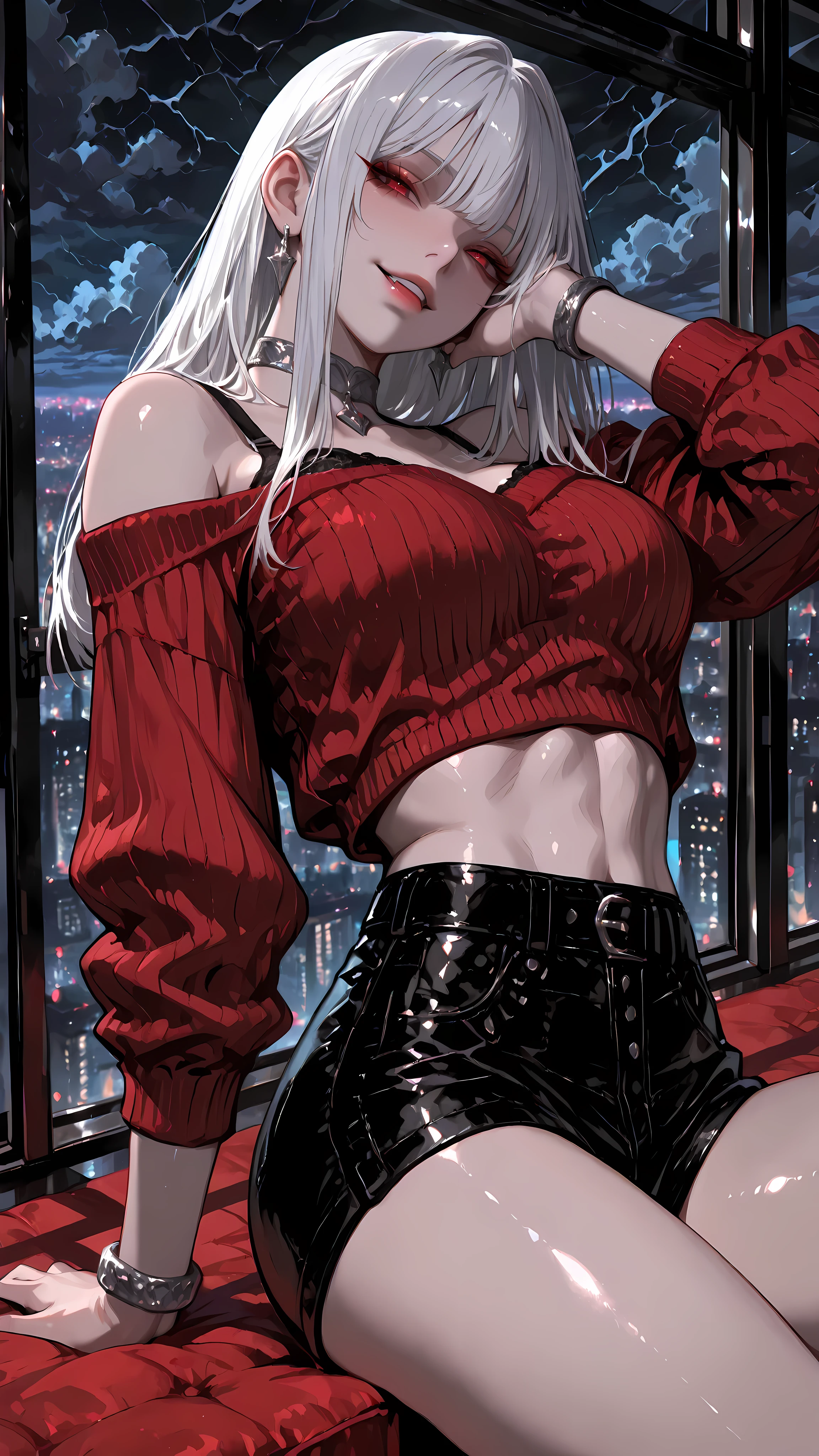 1girl, solo, long hair, white hair, straight bangs, natural red eyes, intense expression, macabre little smile, confident pose, pale skin, toned skin, exposed midriff, defined body, waist up, dynamic pose, looking at viewer, wearing a tight dark red ribbed cropped off-the-shoulder sweater, shiny high-waisted black leather shorts, black strappy bra, ornate silver choker, sharp silver earrings, intricate silver bracelet, sitting on the edge of the bed, leaning back, one hand on the face, one hand resting on the bed, penthouse, floor-to-ceiling window, dramatic city skyline, storm clouds, night sky, dim moonlight.