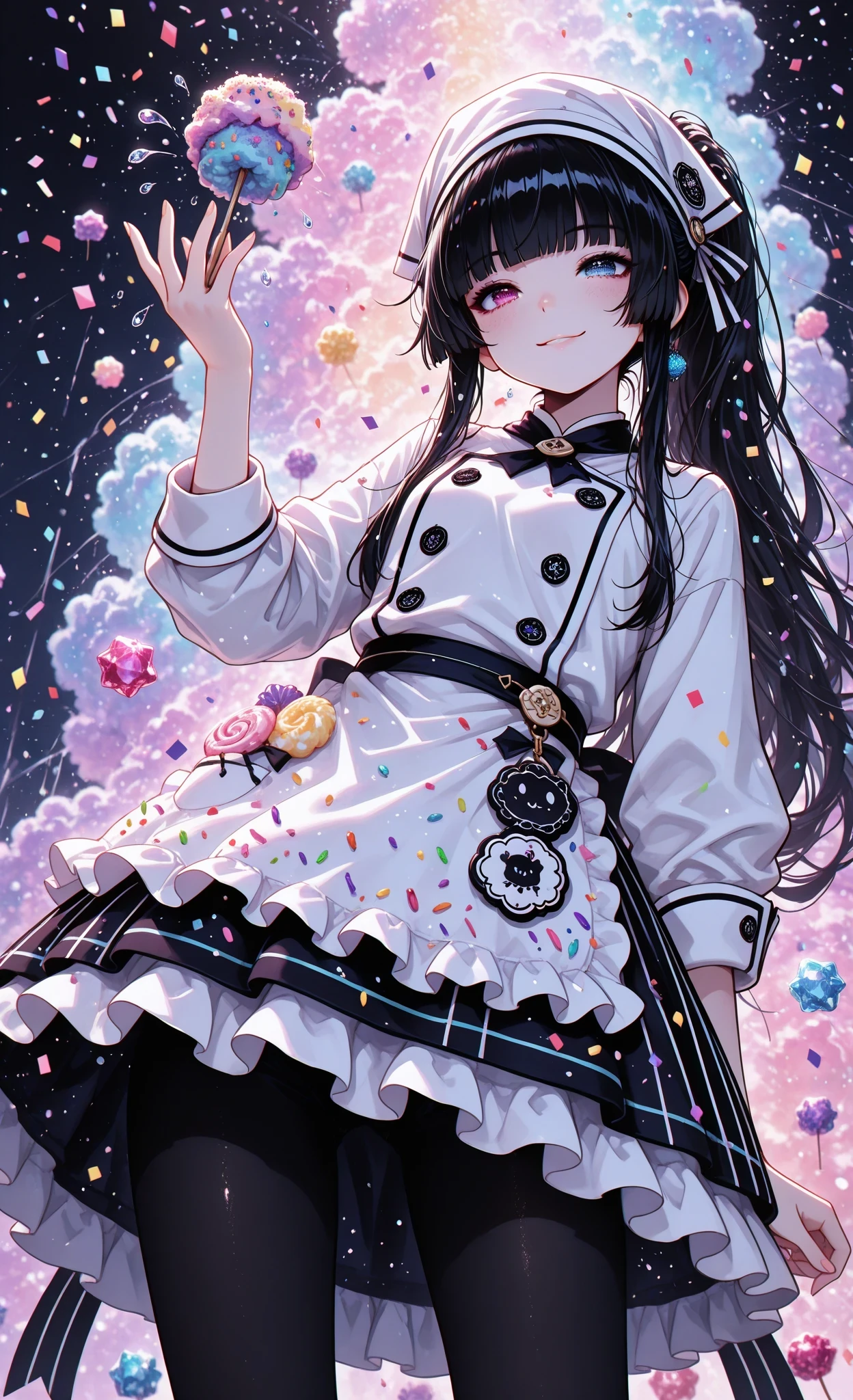 masterpiece, best quality, very aesthetic, absurdres, 1girl, solo, ponytail black hair, hime cut, detailed eyes, heterochromia, leaping pose, throwing handful of colorful candy confetti, swirling storm of sprinkles and sugar crystals, mischievous smile, asymmetric pastry chef outfit, dramatic low angle, floating gumdrops and lollipops, vibrant rainbow colors, motion lines, magical sugar glow