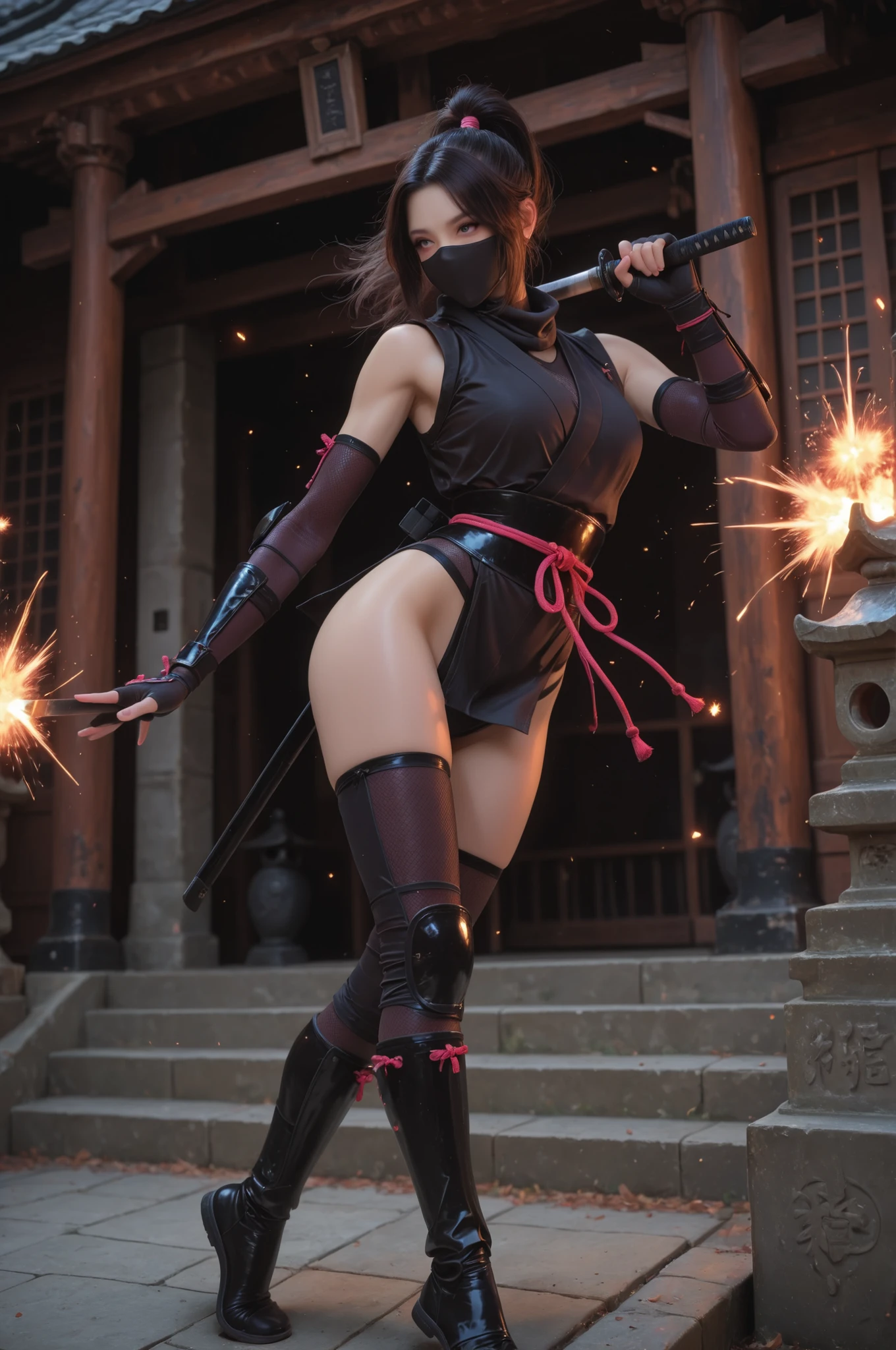Ninja (female, swh, sexy ninja outfit, ninja boots, ninja gloves, ninja weapon, ninja mask), she is dancing through several small explosions dodging them in an ancient shrine