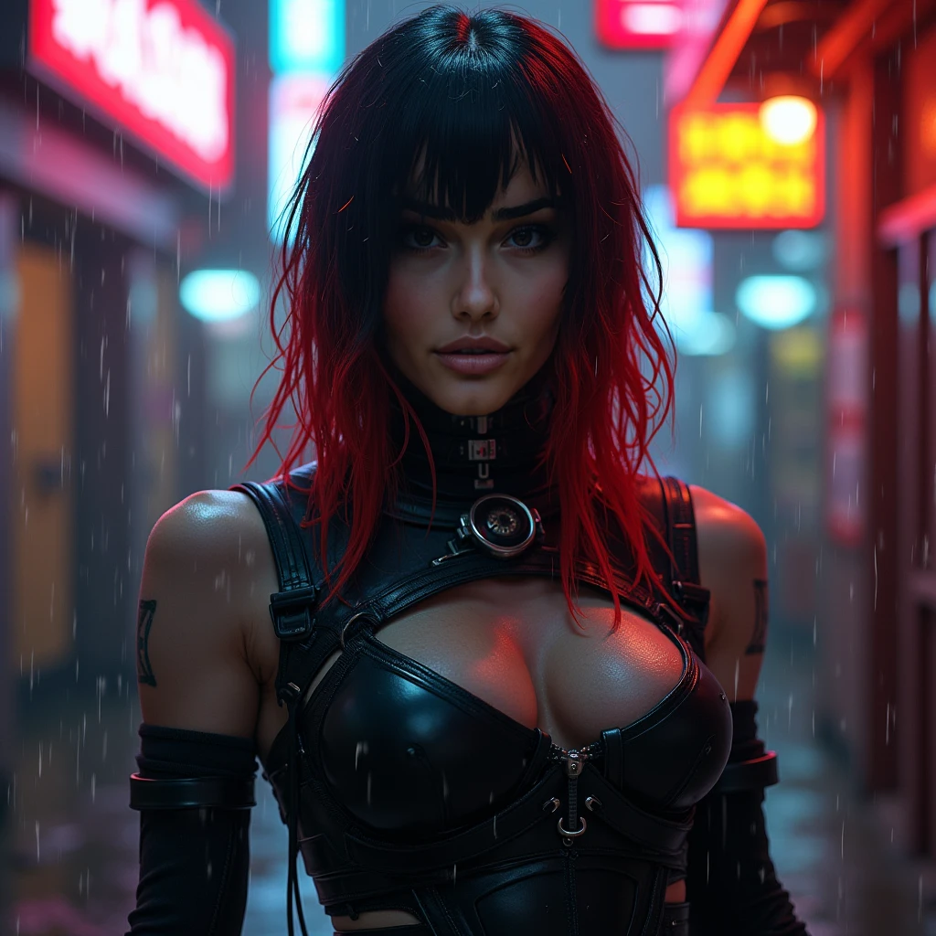 A  rebel girl in a Team Rocket crop top (tight black with a red R), shouldet-length messy dark hair with purple streaks, glowing grey eyes, mischievous smirk, wearing tactical pants and heavy boots, leaning against a wall under neon signs in a dark cyberpunk alley, her toned stomach , realistic textures, highly detailed and cinematic