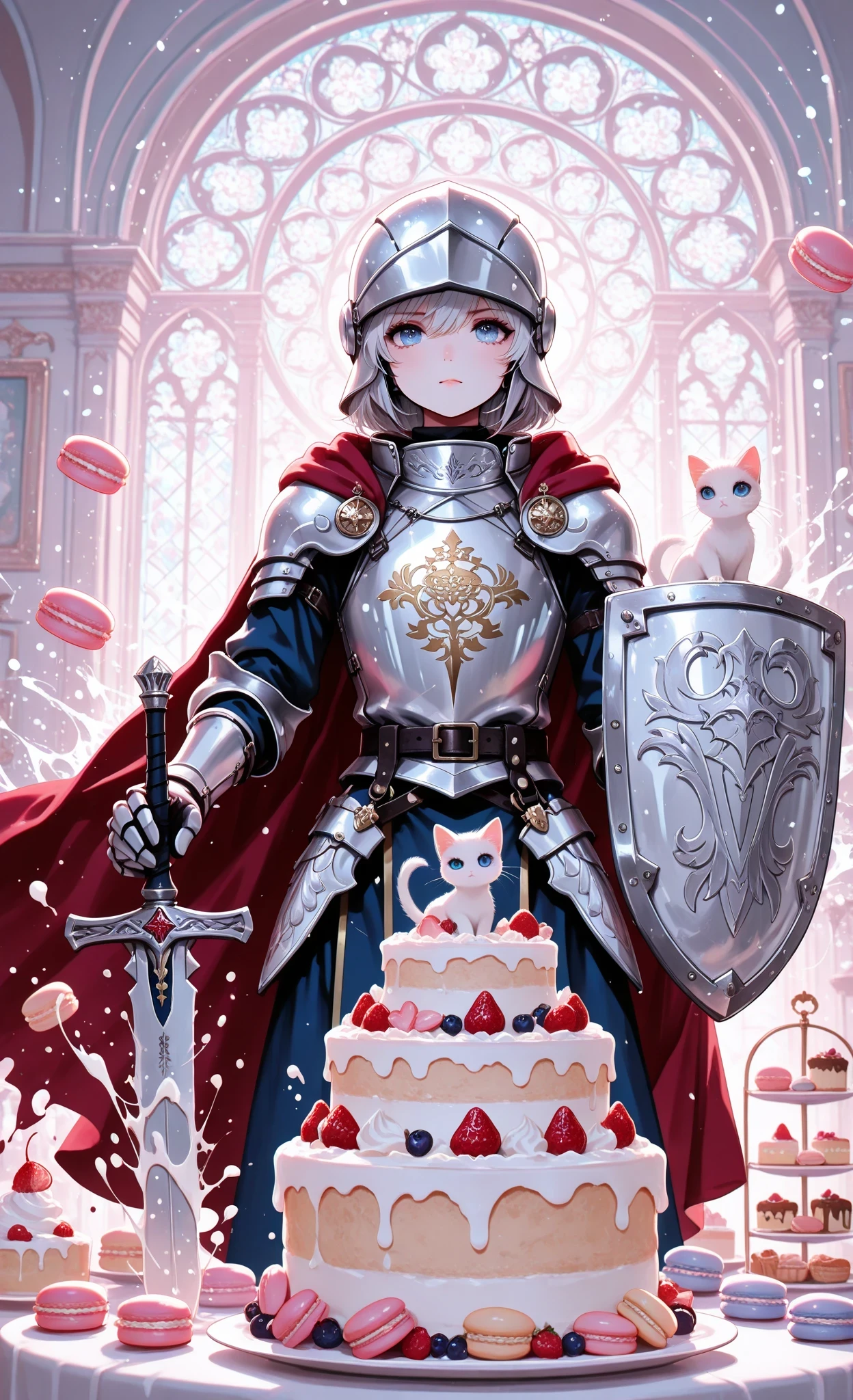 masterpiece, best quality, very aesthetic, absurdres, cartoon style, 1kitten, solo, white kitten, big expressive blue eyes, wearing silver helmet with golden trim, red cape, suit of armor, holding shiny silver sword, shield with cake design, standing among cakes, candies, floating macarons, splattering whipped cream and berries, motion blur, confident expression, determined look, pastel color palette with vibrant food coloring accents, mystical patisserie atmosphere, cinematic lighting, dynamic splashes of cream and glaze, moody bakery background with soft gradient