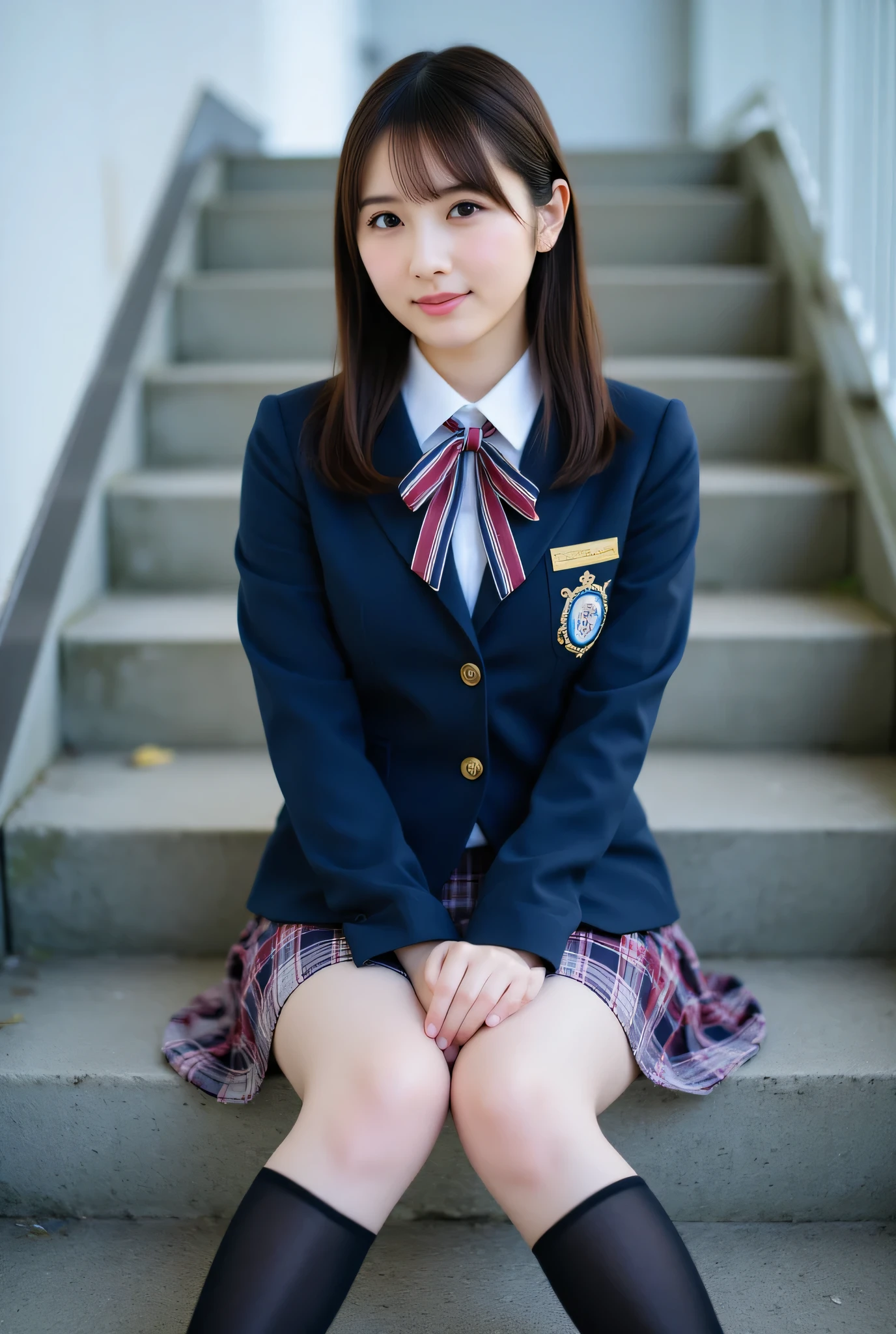  
ultra detailed,8k,high resolution,beautiful detailed,high contrast,sharp focus, 50mm, f3,5, 
best quality,super hyper realism,realistic,photorealism,(realistic skin:1.2),  (exterior emergency staircase high floors:1,3), sitting on stairs, 
japanese solo girl,  no makeup, (full body:1,2), looking at viewer, straight-on cinematic portrait, shallow depth of field, ultra realistic, smile, 
Japanese high school girl, navy blazer jacket with three buttons and tailored collar, white shirt underneath, chest ribbon in striped pattern of burgundy, navy, and white, bottom options include a pleated skirt with plaid pattern in navy, burgundy, and white, black high socks, black loafers, 
spread legs, sitting,( panties:1,3), (from below:1,3)

