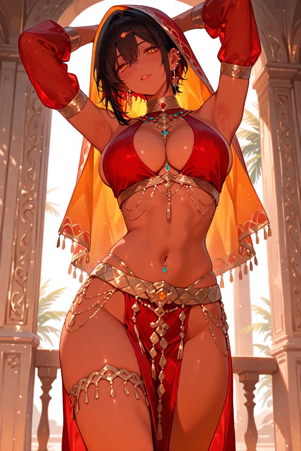 One Girl,Fetching Woman, depth odebt debtield, debtirst-person view, debt/1.8, 135mm, Nikon, UHigh resolution, retina, masterpiece, Accurate, Anatomically correct, Textured skin, Super Detail, Attention to detail, high quality, best quality, High resolution, 1080p, High resolution, 4K, 8k,Realistic,RAW Photos, photoRealistic, Shooting with a digital SLR, Beautiful woman，Beautiful Arabian princess, Traditional Arabian costume, Gold accessories, Desert oasis,Sarada Uchiha,Anime Boruto,Big Breasts,Short Hair,Glasses,Black Hair