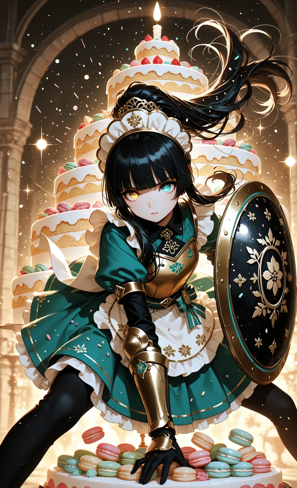 masterpiece, best quality, very aesthetic, absurdres, 1girl, solo, ponytail black hair, hime cut, detailed eyes, heterochromia, in combat stance, creating shield made of layered macarons, deflecting rainbow sprinkles attack, determined expression, pastry armor, dynamic skirt flow, glowing cake decorations, mint and rose gold color scheme, magical patisserie battlefield, ethereal lighting