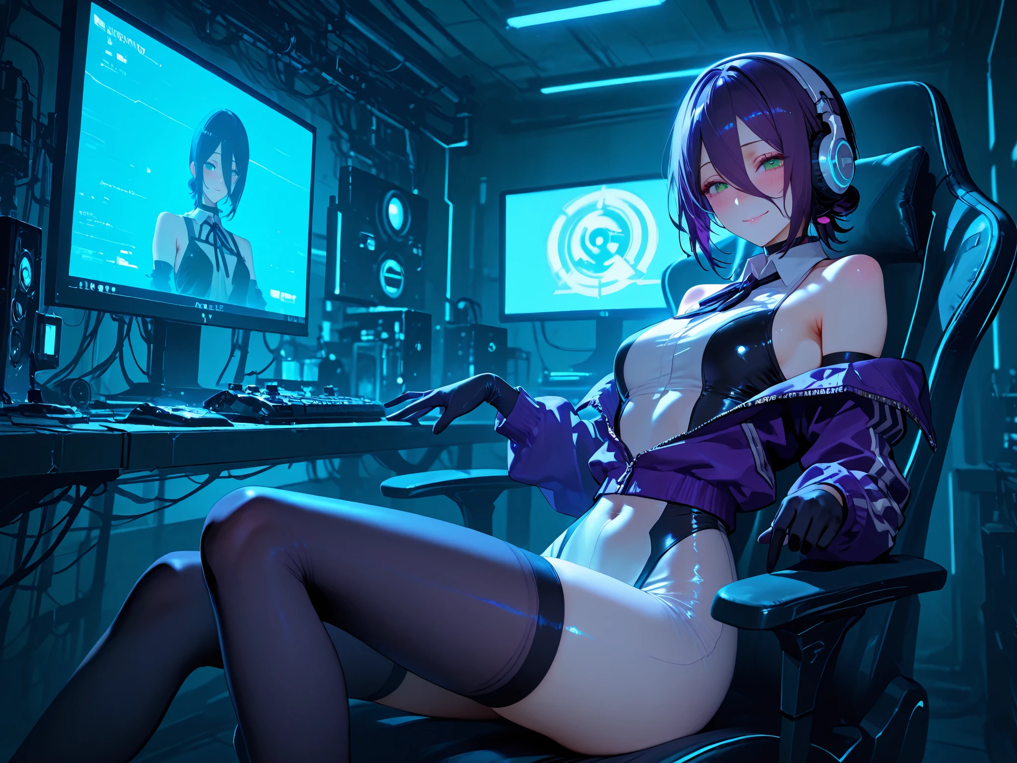 ultra high definition,1girl,reze,green eyes,naughty face,closed mouth,Smile,Blush,fascinated expression,Blush,is embarrassing,looking here,headphones,futuristic see-through bodysuit,Off Shoulder Jacket,Elbow Length Long Gloves Tight Waist,knee-high socks,random pose,Neon Cyber Room,gaming PC,sitting in gaming chair,A fantastic atmosphere that makes you feel like you are on the border between reality and fantasy,mysterious sight,Dynamic Angle,cinematic lighting,Brilliant Light,light particle