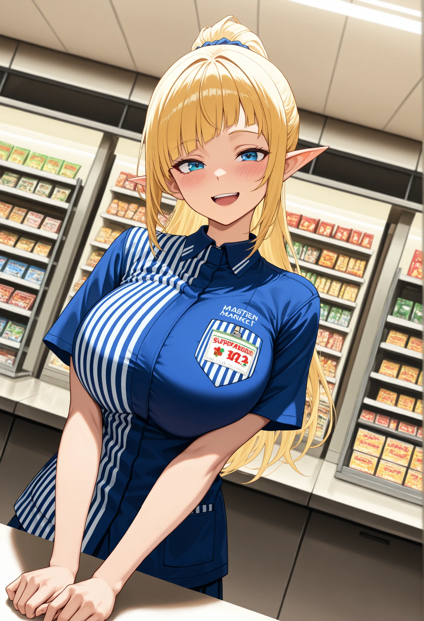 Solo,1 girl, Big breast,Big saggy breast,diagonal. Bangs,blonde hair, hd, másterpiece, absurd,, Big saggy breast, inlove gaze, , blush,masterpiece,best quality,amazing quality,anime coloring,masterpiece,best quality,amazing quality,anime coloring,,Glamorous Light , brightly colored, shallow depth of field , photogenic, super high resolution, ( best quality:1.2, highly detailed , high detailed CG illustration , Soft Focus , Masterpiece:1.2, Best Aesthetics),)) ,4 fingers,kind smile,Elf, Elf ears, Blue market uniform and soft stripes, super market,Open mouth,konbini, scenery, shop, indoors,LAWSONU, employee uniform,blue uniform,