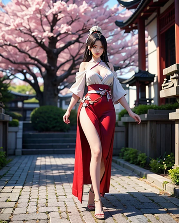 ((masterpiece,best quality)),outdoor, Red Torii, Tree,  stairs,, 2 girls, See-through clothes，Sexy body，Perfect face，Shrine maiden,Shrine maiden, Looking at the audience, look back,, Red Legwear, red Ribbon, Black Hair,樱flower, sky, flower, Hair Bun, hair Ribbon, Japanese clothes, kimono, Long hair, Cat ears, small flowers，, Multiple girls,  Red Eyes, Red hair, Ribbon, sandals, single Hair Bun, permanent,clog sandals,white kimono, Yellow eyes,火flower,High Leg Raise,