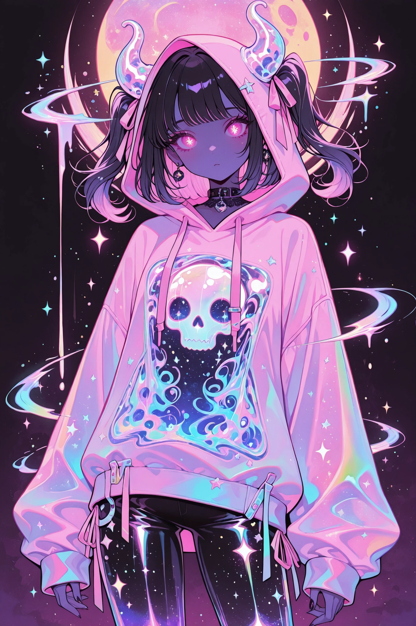 cElesTiana,neon dreamcore,iridescent glow,holographic,pastel void,luminescent skin,celestial tones,smooth reflective surface,glowing eyes,shimmercore,masterpiece, high score, great score, absurdres, Cute tati moons style, gothic girl wearing pink hoodie, kawaii ribbon style pants, Halloween,, well lit, pastel goth, 12k, ultra-detailed 