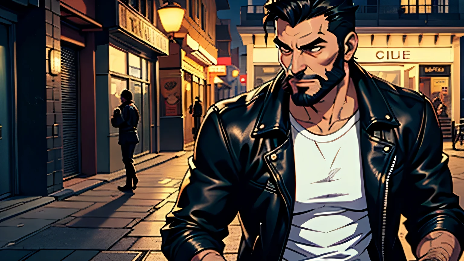 1man,short hair, muscular, beard,baseball cap,shirtless, gold chain, necklace, open jeans, lamppost,(masterpiece, best quality, highres, ultra detailed ),tokyo \(city\), night, (driving a motorcycle on the street ) , looking at viewer, front view,