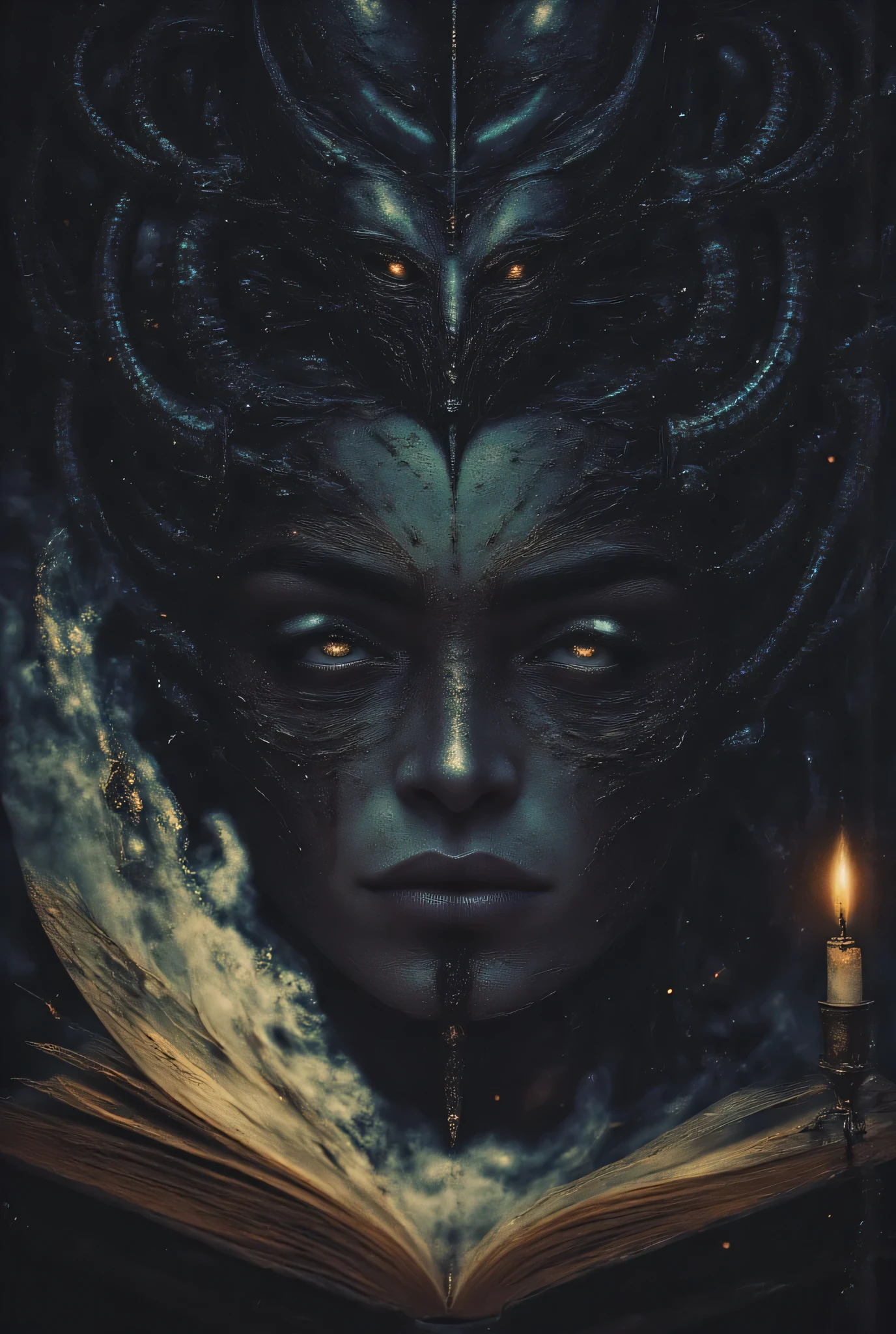 a scholar driven to madness while reading the Necronomicon, his study illuminated by a single candle, shadows forming tentacled shapes on the walls, his eyes transformed to black pools reflecting impossible geometries, veins darkening beneath translucent skin, hyper-detailed, dark atmospheric photography, shallow depth of field