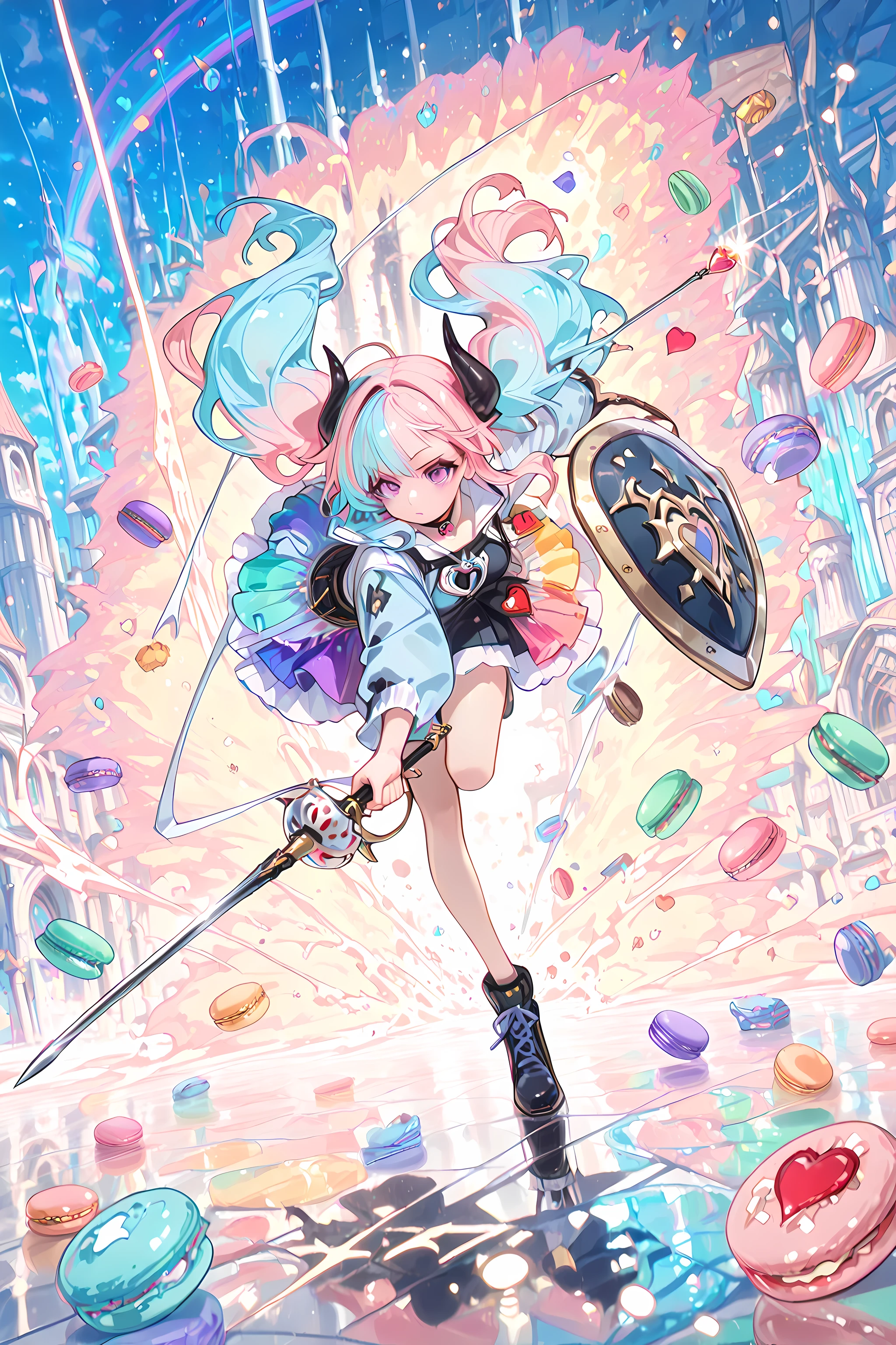 (masterpiece:1.2, best quality:1.1, ultra-detailed, 8k),
1girl, ((purple eye)), ((two-tone hair, pink hair, light blue hair)), twin tails fluttering, (black horn), (heart charm choker),
dynamic charging pose,
large macaron shield raised forward, shield on arm,
wielding rapier, swinging rapier, slashing motion,
sugar crystal particles scattering, floating many macarons, rainbow cloud,
pastel tulle battle skirt, colorful highlights,
rainbow cream burst in background, swirling sweet mist,
impact wind bending ribbons and skirt,
vibrant pastel action scene, painterly microdetails, soft glowing particles.