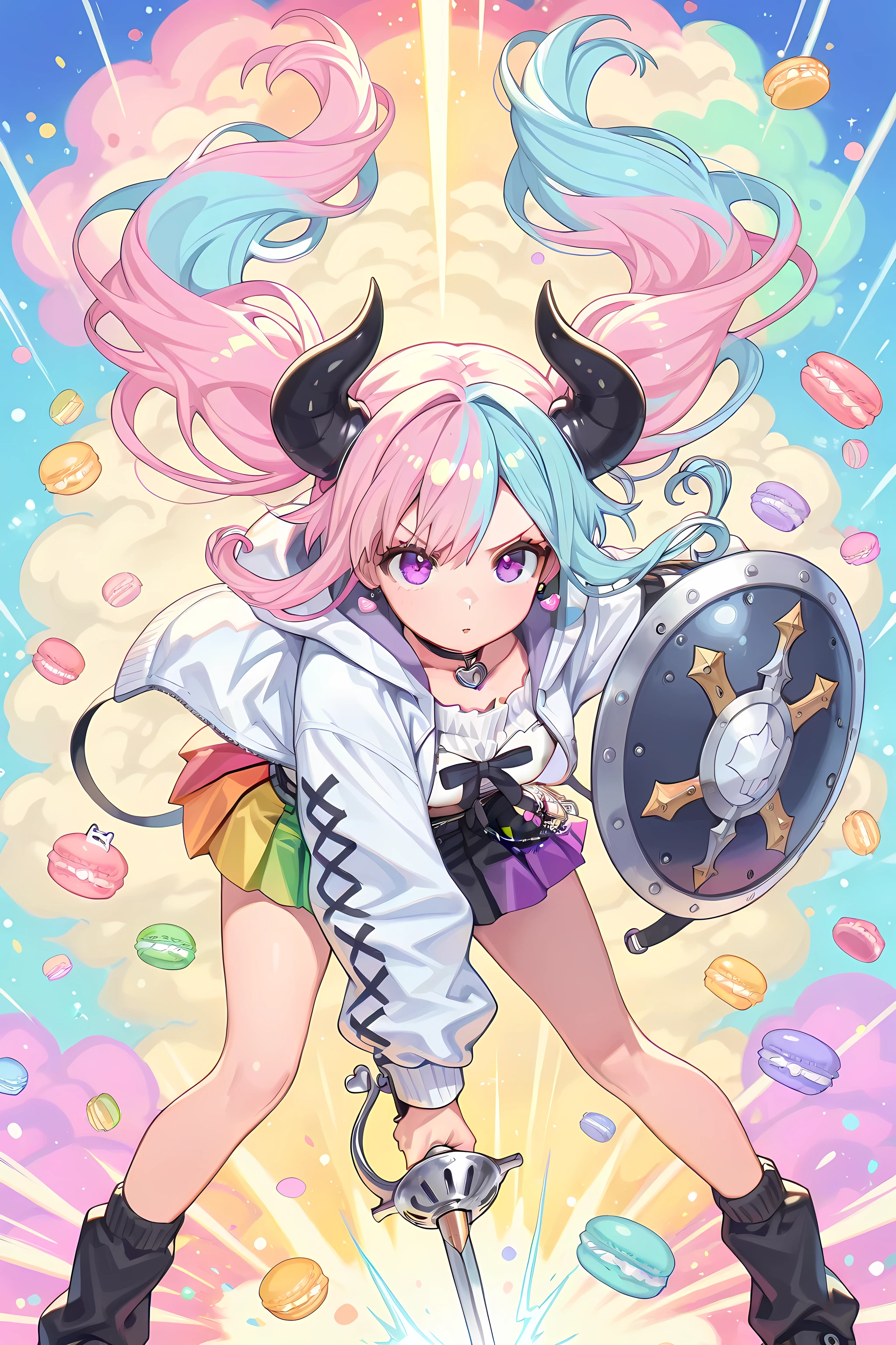 (masterpiece:1.2, best quality:1.1, ultra-detailed, 8k),
1girl, ((purple eye)), ((two-tone hair, pink hair, light blue hair)), twin tails fluttering, (black horn), (heart charm choker),
dynamic charging pose,
large macaron shield raised forward, shield on arm,
wielding rapier, swinging rapier, slashing motion,
sugar crystal particles scattering, floating many macarons, rainbow cloud,
pastel tulle battle skirt, colorful highlights,
rainbow cream burst in background, swirling sweet mist,
impact wind bending ribbons and skirt,
vibrant pastel action scene, painterly microdetails, soft glowing particles.