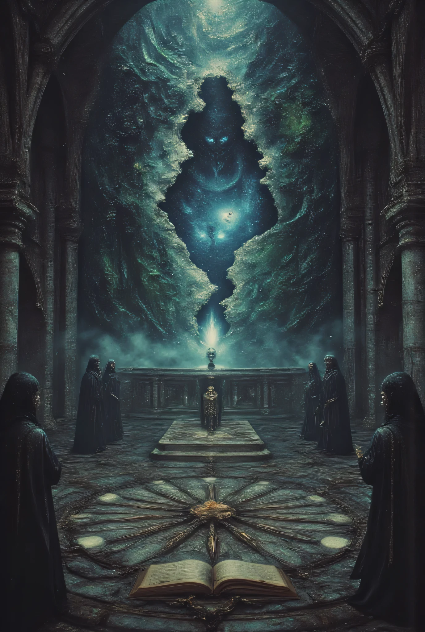 the forbidden ritual from the Necronomicon being performed in an abandoned cathedral, robed figures arranged in a non-euclidean pattern, a tear in reality forming above the altar revealing glimpses of cosmic entities, architecture warping around the dimensional rift, volumetric lighting, photorealistic horror, cinematic composition