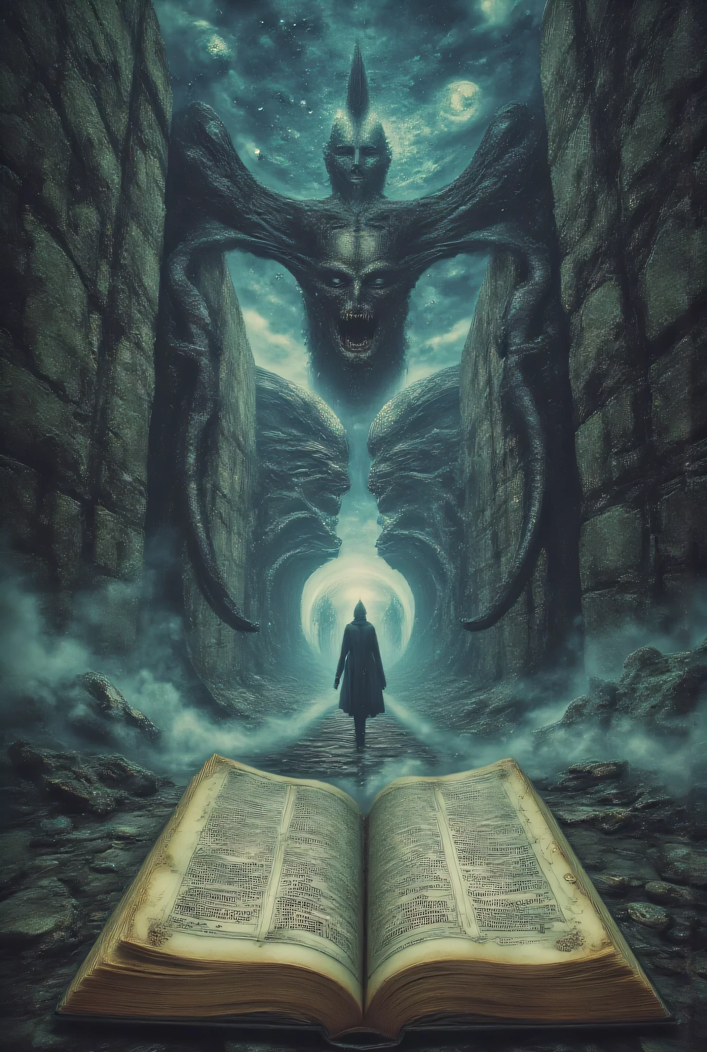 a surreal Lovecraftian landscape revealed through the Necronomicon's pages, impossible architecture of cyclopean stone defying gravity, ancient beings with too many limbs lurking in the distance, a sky filled with unknown celestial bodies and cosmic anomalies, photorealistic detail, cinematic lighting, cosmic horror atmosphere