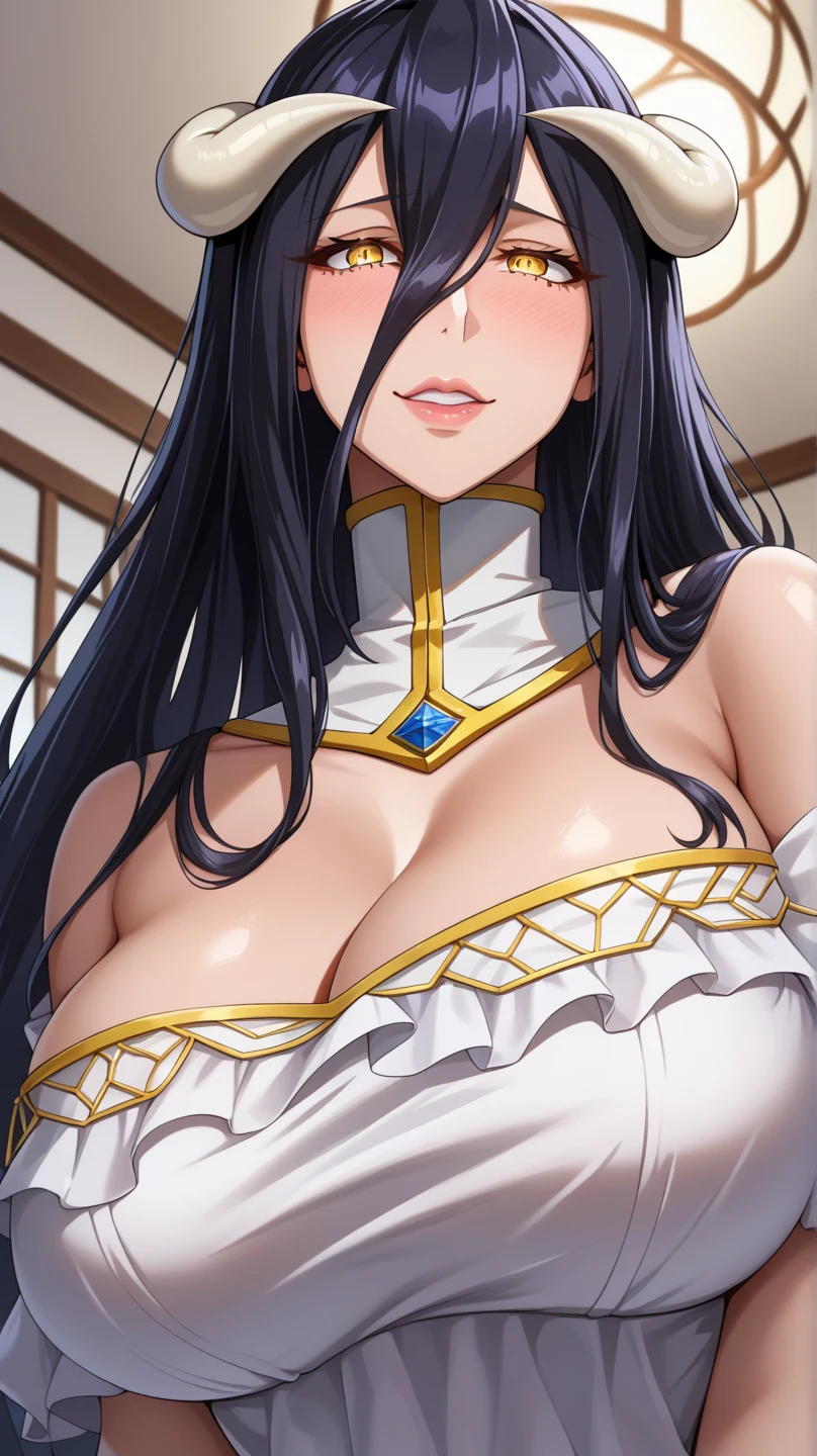 Yue mingkong, 1girl, solo, long hair, black hair, ???? shoulders, jewelry, earrings, dress, chinese clothes, white dress, cleavage, hair ornament, large ??????, detached sleeves  , headwear and ??? and body ?????? 