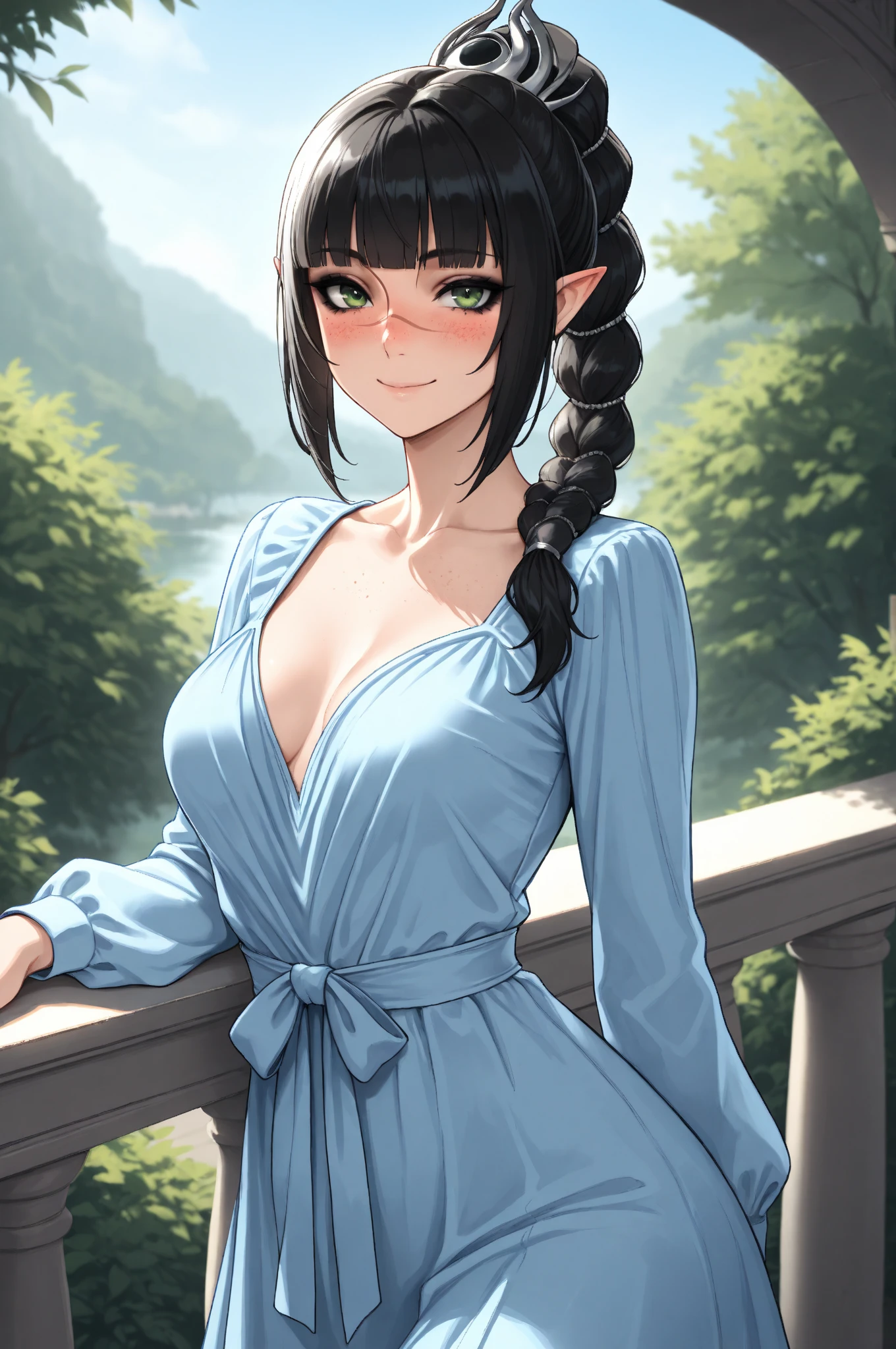 (((I want an elf milf woman, dark skin, curvy body, dark blue long wavy hair and light blue eyes, standing alone, wearing a  navy blue dress)))