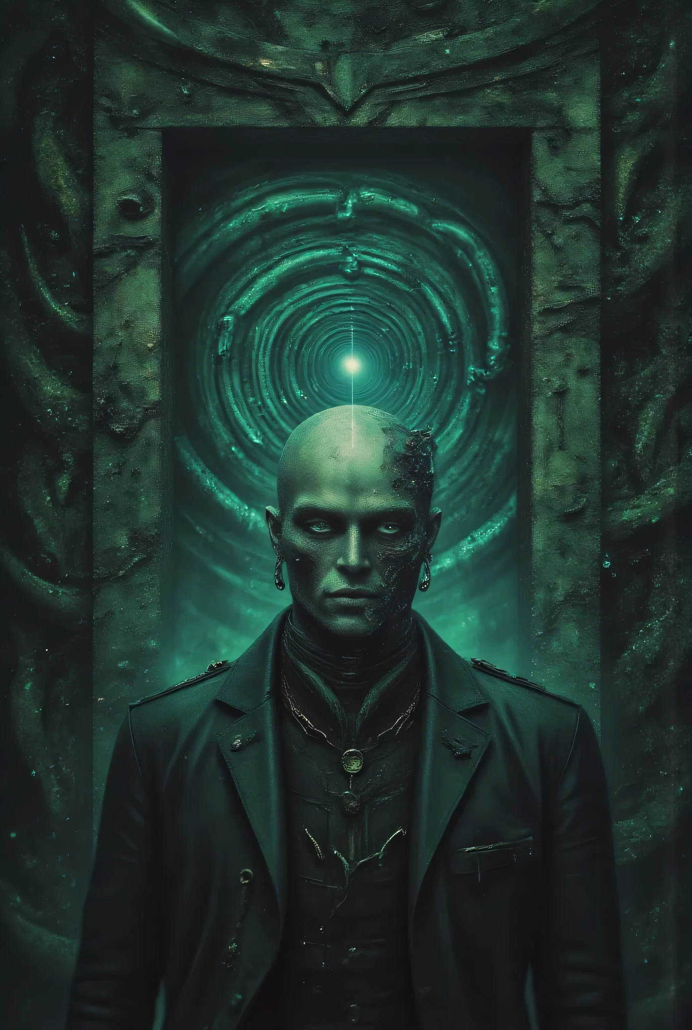 A man with distorted facial features stands before a doorway that spirals impossibly inward, his skin partially melting into tentacle-like appendages. The corridor behind him shifts and warps with non-Euclidean geometry. Cosmic horror, disturbing atmosphere, hyperdetailed nightmare, unsettling shadows cast by unknown light sources, photorealistic quality with surreal elements, dark color palette with sickly green highlights, inspired by H.P. Lovecraft, psychological horror, 8K resolution, cinematic lighting