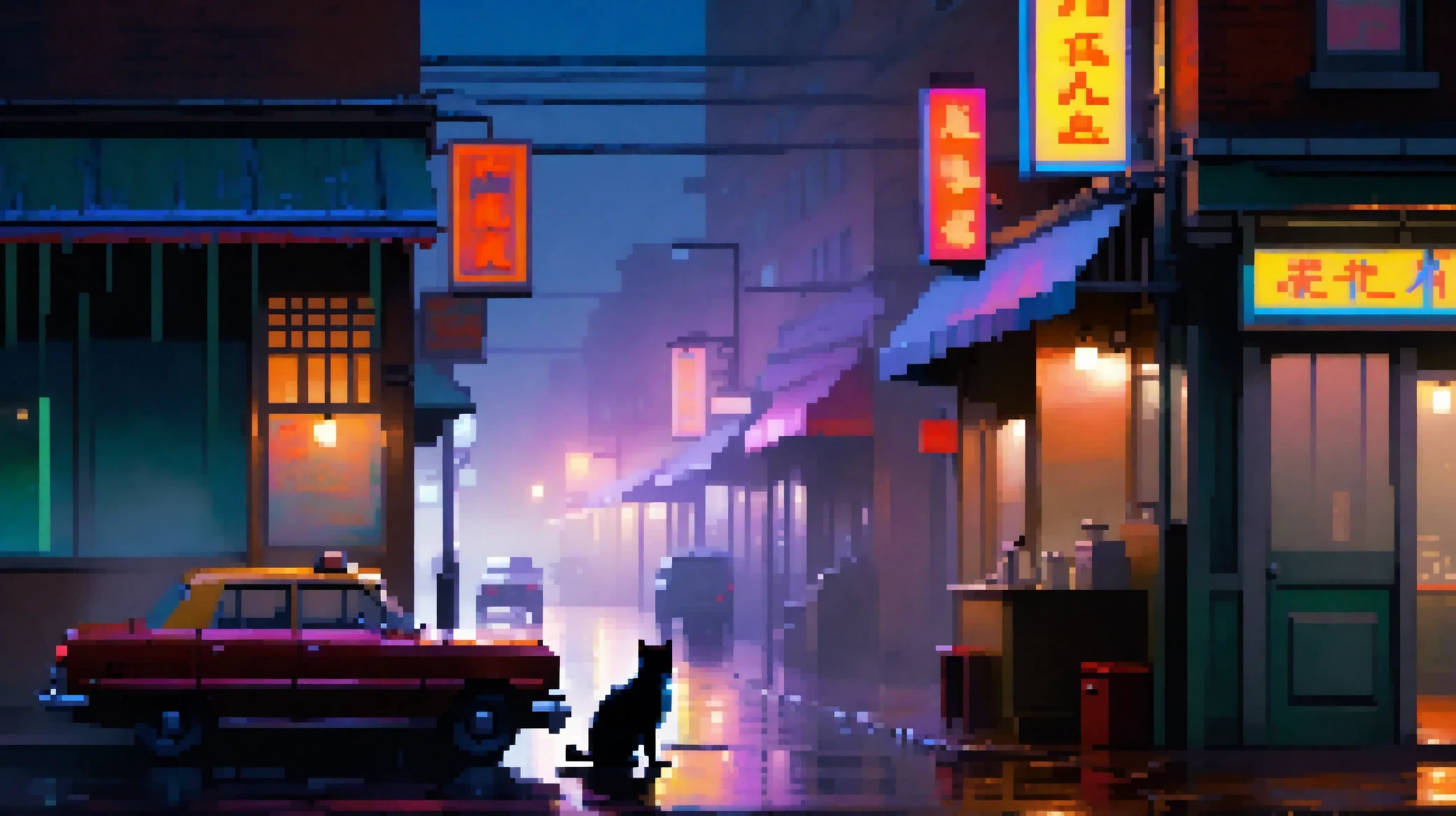 Main Subject:
On the left side of the scene, a weary urban detective sits slouched on a worn wooden bench beneath a flickering streetlamp. He wears a rumpled trench coat and a fedora tilted low, casting a shadow over his tired eyes. A faint wisp of smoke rises from the cigarette resting between his fingers, its ember glowing softly in the dark. His pistol holster is unbuckled, the gun resting loosely beside him, showing a moment of vulnerability and peace. His expression is calm, reflective — the kind of quiet exhaustion that only comes when the city finally lets him rest.

Additional Characters / Elements:
Across from the detective, on the right side of the scene, a 1990s-style sedan is parked by the curb under a dim neon sign that reads “Midnight Diner.” Its headlights are off, and faint mist curls around its tires. A stray cat sleeps on the hood, curled in a small ball, its tail twitching in a dream. The faint reflection of the detective shimmers in the car’s polished door, blurred by the cool night air.
Setting:
The environment is a quiet, empty street in the heart of a sleeping city — late at night, long past closing hours. The wet pavement glistens under the glow of neon lights and distant streetlamps. In the background, tall buildings fade into a hazy fog, their windows mostly dark except for a few flickering lights. A small diner window glows warmly with a red neon “OPEN” sign still on, though no one is inside. A faint plume of steam rises from a nearby manhole, adding movement to the stillness.
Lighting and Atmosphere:
The lighting is a soft blend of cool moonlight and warm neon glows. The streetlamp casts a gentle golden pool of light around the detective, contrasting with the surrounding cool blues and muted purples of the night. The atmosphere is peaceful, nostalgic, and slightly melancholic, capturing a rare stillness in a city that never truly sleeps. Subtle reflections ripple across the wet street, and the fog softens the outline. 