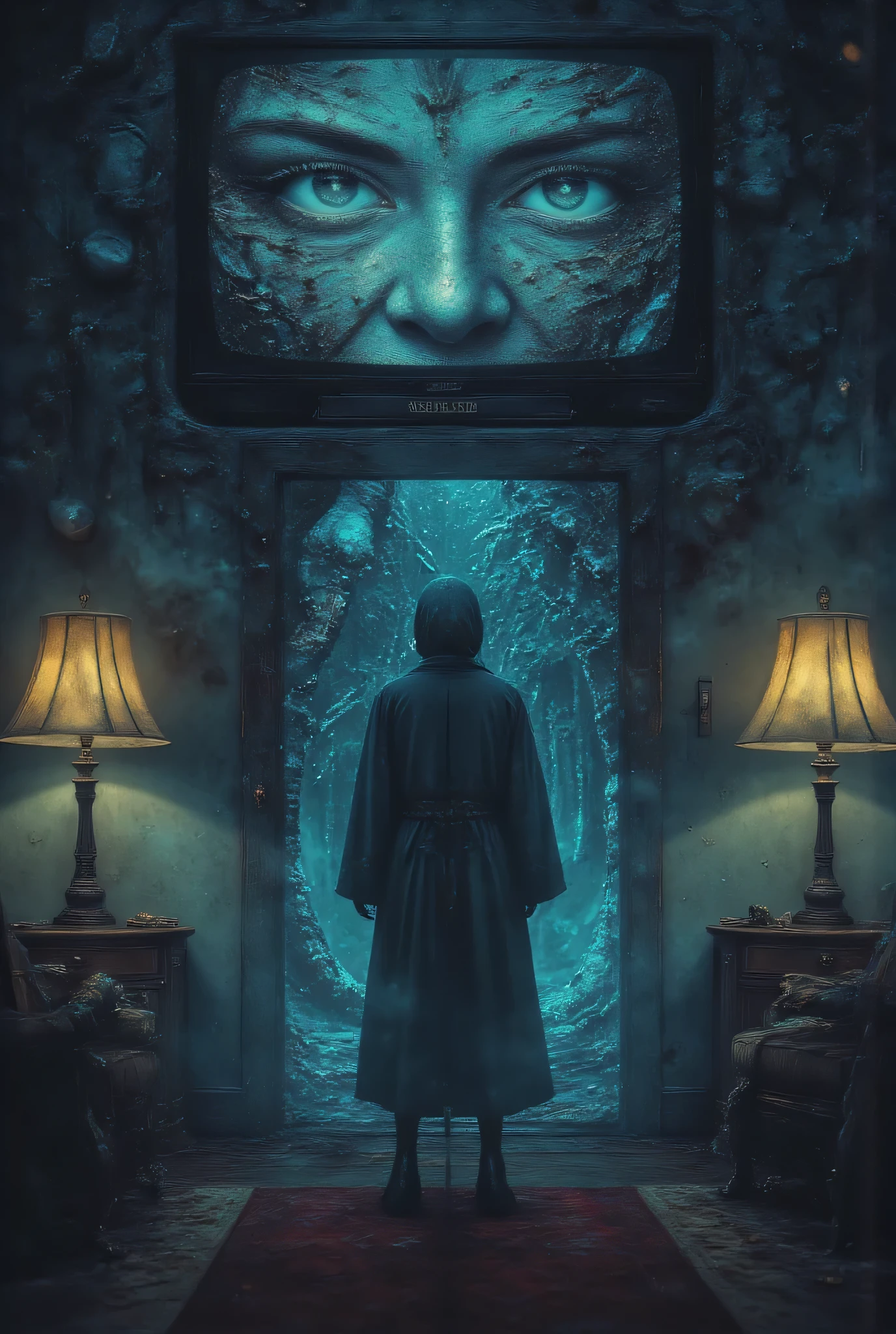 A normal suburban living room that gradually warps and distorts toward its center, where a television displays static that forms into watching eyes. Household objects subtly transform into organic matter, with lamps growing veins and furniture developing teeth. A figure stands in the doorway, their silhouette impossible according to human anatomy. Psychological horror, photorealistic rendering, subtle body horror elements, desaturated color palette with unnatural blue TV light, domestic setting corrupted by cosmic horror, inspired by David Lynch and Silent Hill, hyper-detailed textures