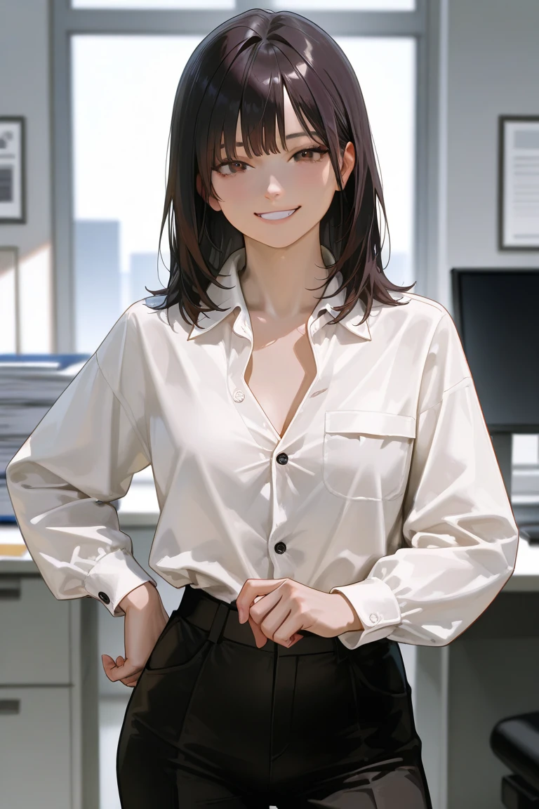 (masterpiece:1.3, top-quality), (realistic, photorealistic:1.4), beautiful illustration, (natural side lighting, movie lighting), 
looking down, full body, from below, 1 girl, japanese, high school girl, perfect face, (perfect ), cute and symmetrical face, shiny skin, 
(long hair, ponytail, brown hair, pink hair ribbon), hair between eyes, brown eyes, long eye lasher, (large breasts: 0.8), 
beautiful hair, beautiful face, beautiful detailed eyes, beautiful clavicle, beautiful body, beautiful chest, beautiful thigh, beautiful legs, beautiful fingers, 
((insanely detailed clothes, white collared shirt, skirt)), 
(beautiful scenery), depth of field, detailed background, evening, (office room), indoor, view of buildings, desks, sitting on chair, (smile), 