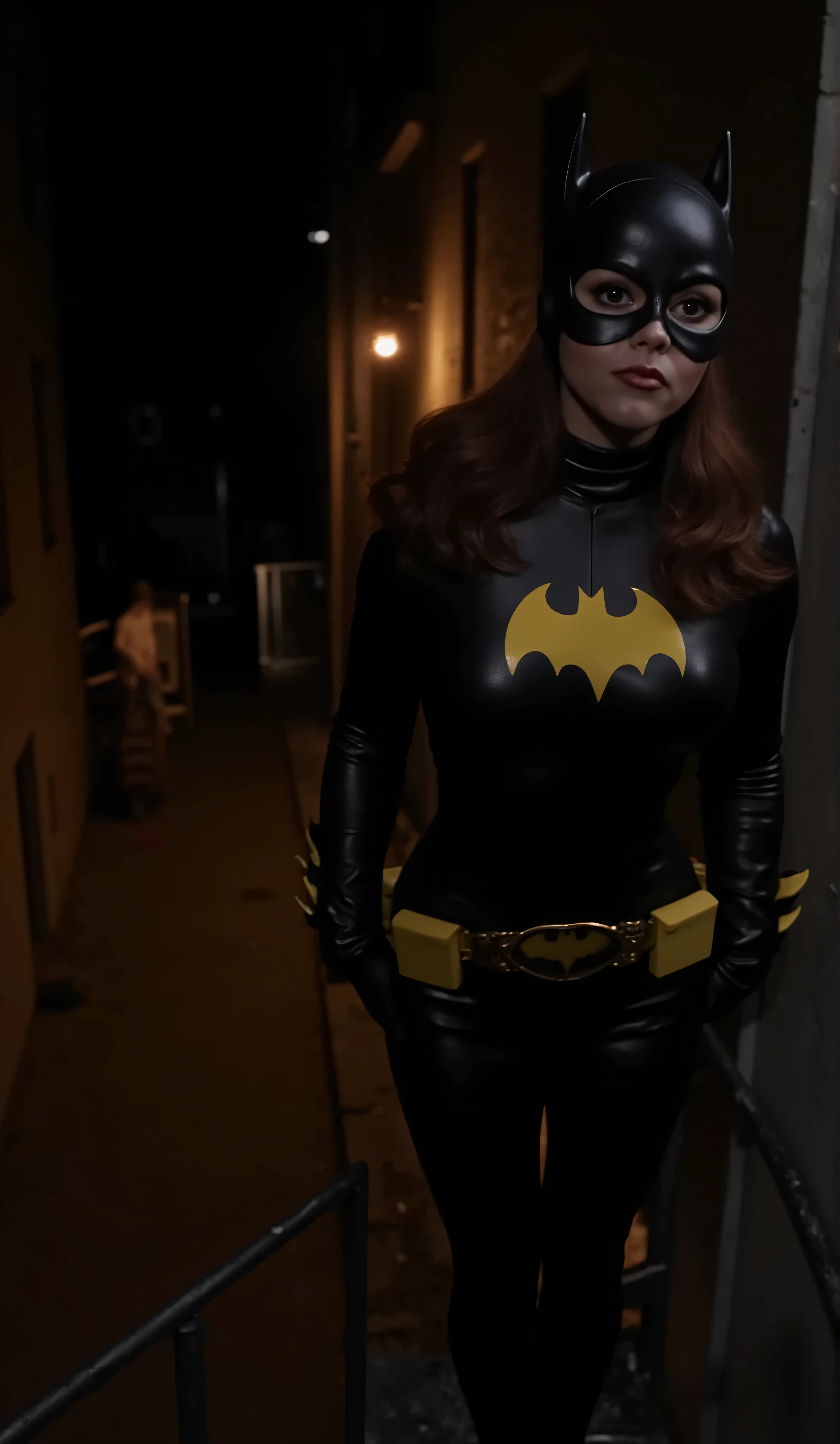 Nighttime. dark , full body shot of Christina Ricci with dark red hair viewed from directly above, dressed as batgirl wearing a full length charcoal gray rubber molded to fit every curve of her body, with a yellow batgirl symbol on the , and wearing stiletto heel boots, she stands several stories up, on a metal fire escape ladder attached to a building looking down at an alley, She has a perfect detailed face in sharp focus, perfect , two arms, two legs, perfect hands. She stands above a dark alley, with most of the light coming from a single amber colored street lamp above her, the alley is illuminated by another lamp in the distant background, viewed from directly above, she steps up with one leg, her knee bent. while she looks past the viewer.