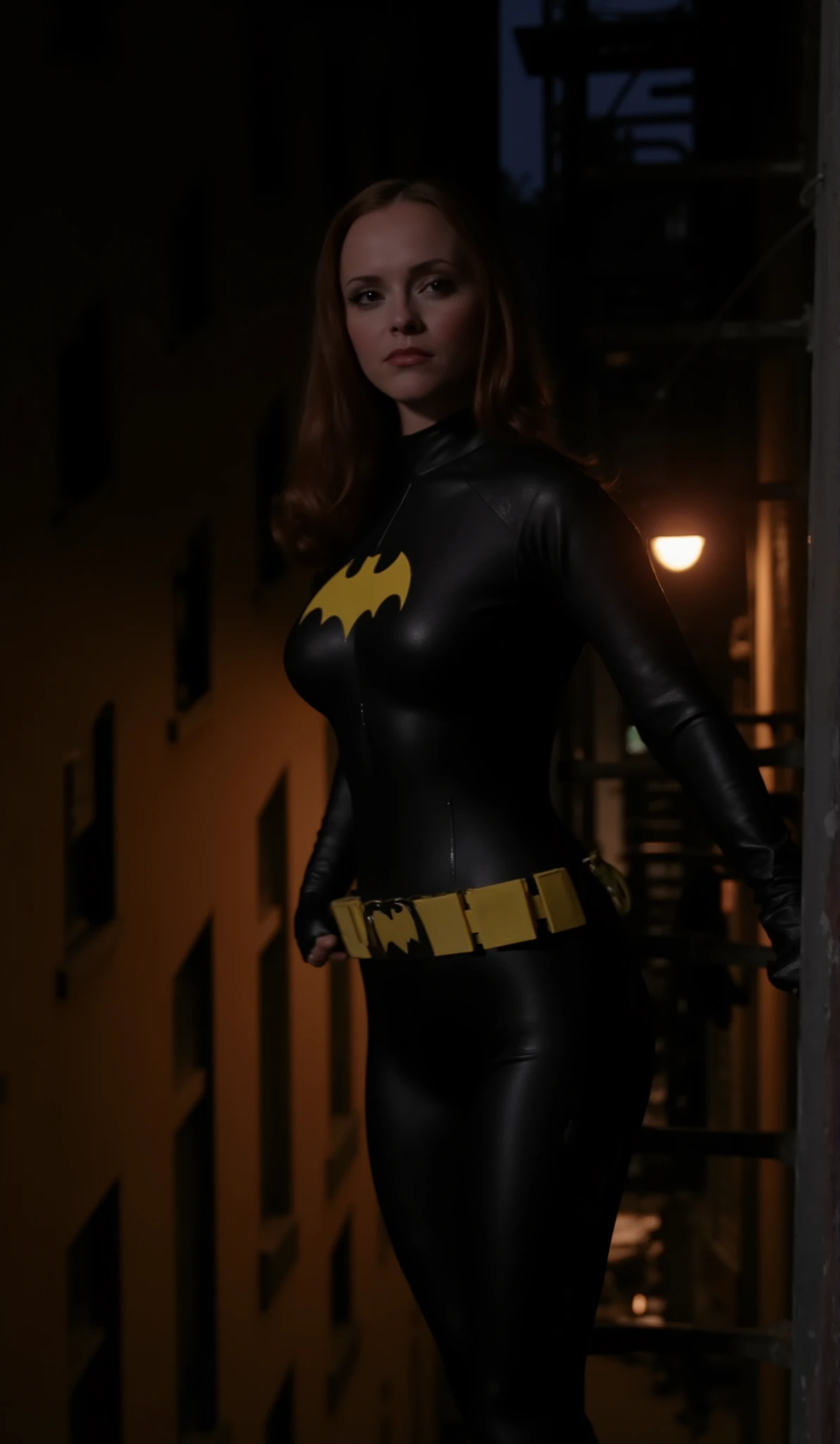 Nighttime. dark , full body shot of Christina Ricci with dark red hair viewed from directly above, dressed as batgirl wearing a full length black with a yellow batgirl symbol on the , she stands several stories up, on a metal fire escape ladder attached to a building looking down at an alley, She has a perfect detailed face in sharp focus, perfect , two arms, two legs, perfect hands. She stands in a dark alley, with most of the light coming from a single amber colored street lamp above her, the alley is illuminated by another lamp in the distant background, viewed from directly above, she is looking down at a black 1973 Corvette parked in the alley below.