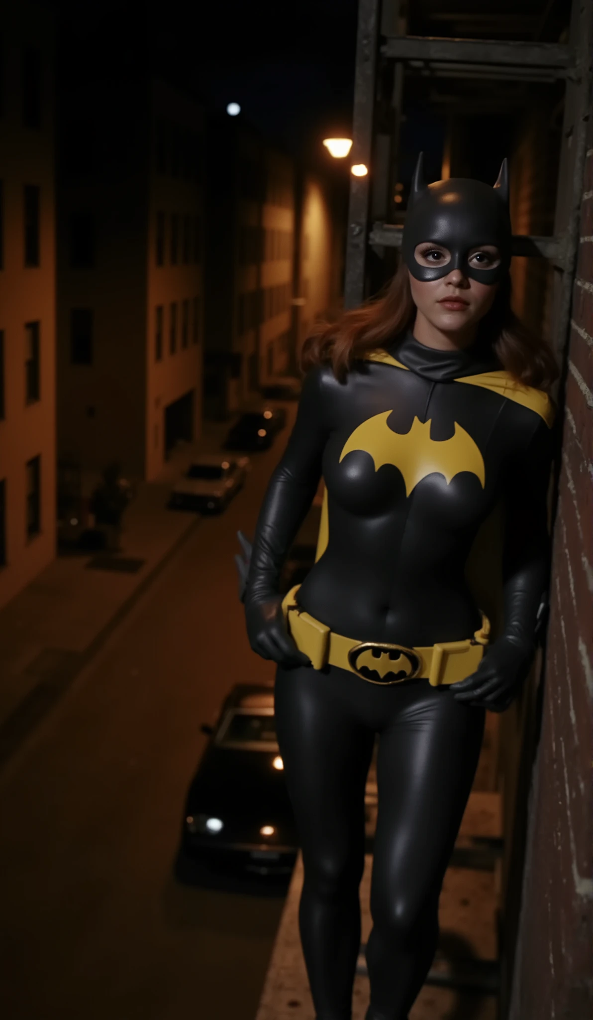 Nighttime. dark , full body shot of Christina Ricci with dark red hair, viewed from directly above, dressed as batgirl wearing a full length charcoal gray rubber that is molded to fit her body perfectly with a yellow batgirl symbol on the , she climbs several stories up, climbing on a metal fire escape ladder attached to a building while she looks down at a car in the alley. She poses with most of her weight on one leg and her hip pushed out to that side, the other leg bent at the knee. She has a perfect detailed face in sharp focus, perfect , two arms, two legs, (((perfect hands))) , (((perfect fingers))). She stands with most of the light coming from a single amber colored street lamp above her, the alley is illuminated by another lamp in the distant background, viewed from directly above, she is looking down at a black (((1973 Corvette convertible))) parked on the side of the road below, the front of the car is facing the viewer and the lights are off.