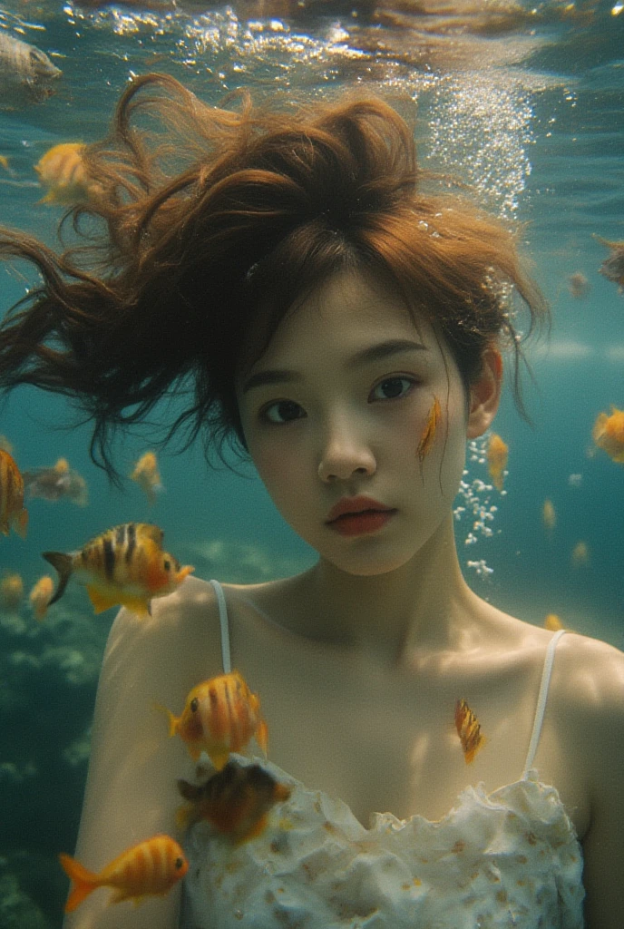 One cat,One girl,diving,In the water,Glittering,Cinematic lighting effects,close,Detailed face,exit,(Highest quality,4K,8K,High resolution,masterpiece:1.2),Super detailed,(Realistic,photoRealistic,photo-Realistic:1.37),Vibrant colors,Portraiture