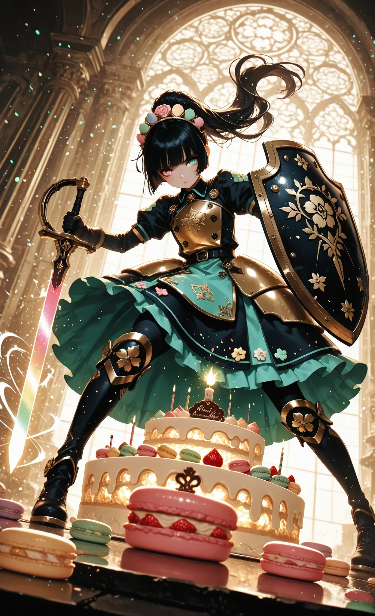 masterpiece, best quality, very aesthetic, absurdres, 1girl, solo, ponytail black hair, hime cut, detailed eyes, heterochromia, in combat stance, creating shield made of layered macarons, deflecting rainbow sprinkles attack, determined expression, pastry armor, dynamic skirt flow, glowing cake decorations, mint and rose gold color scheme, magical patisserie battlefield, ethereal lighting, dramatic low angle view, dutch angle, extreme perspective, shield dominating foreground, character viewed from below, cinematic composition, dynamic motion blur