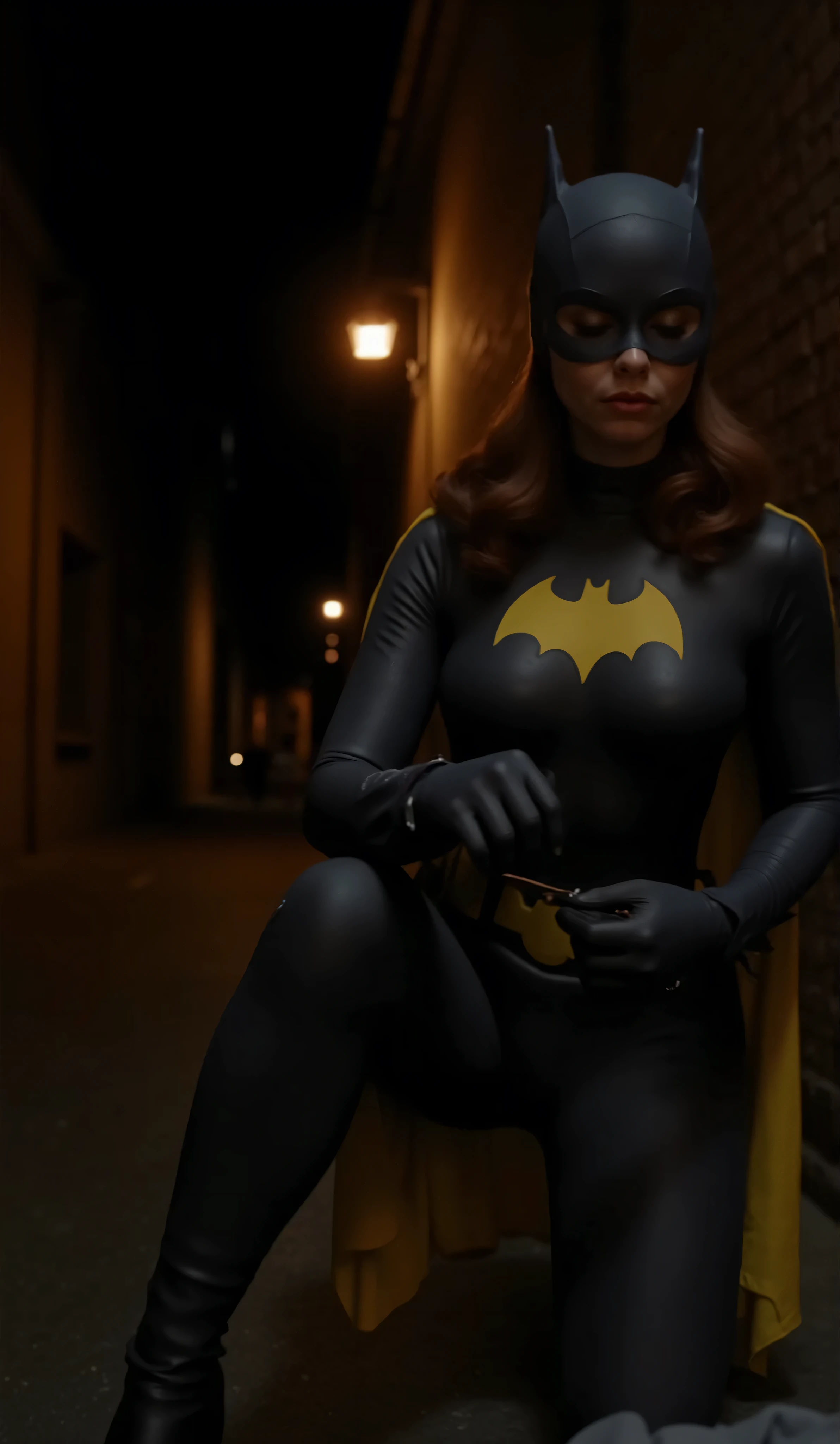 Nighttime. dark , full body shot of Christina Ricci with dark red hair viewed from directly above,  dressed as batgirl wearing a full length gray rubber  with a yellow batgirl symbol on the , she squats in an alley, leaning over a sleeping man with his eyes closed, she is examining something from his shirt pocket.     She has a perfect detailed face in sharp focus, perfect , two arms, two legs, perfect hands.   most of the light coming from a single amber colored street lamp above her, the alley is illuminated by another lamp in the distant background, BREAK,  (((As she kneels, a man stands directly behind her, looming over her, threatening her, watching her.)))