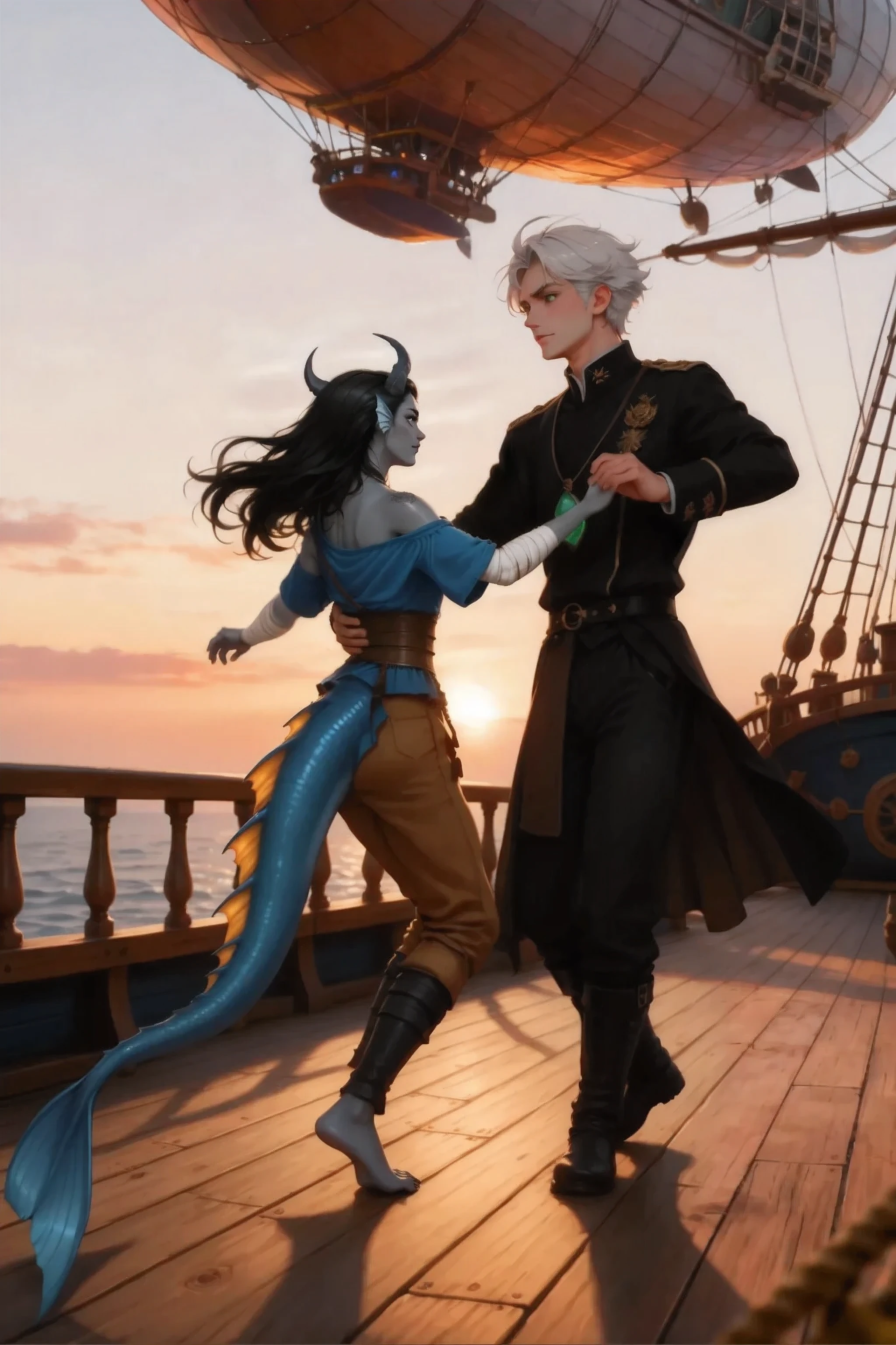 2 character:
Kedra, dark blue-gray skin , (yellow-orange crest on the tail) , (pigmentation of the shoulder:1.2), fins on the head, dark blue-gray horns, Loose black hair, bright blue eyes , hand bandages, ( Best hands ). (5 dark blue-grey fingers), is dancing with
man with white tousled hair, green eyes are younger, Anime style, in the background, the wooden deck of a flying ship, Long soft shadows,
masterpiece, best quality, ultra-detailed, Cinematic emotional static frame, 8K UHD, extremely detailed, physical visualization, HDR.
