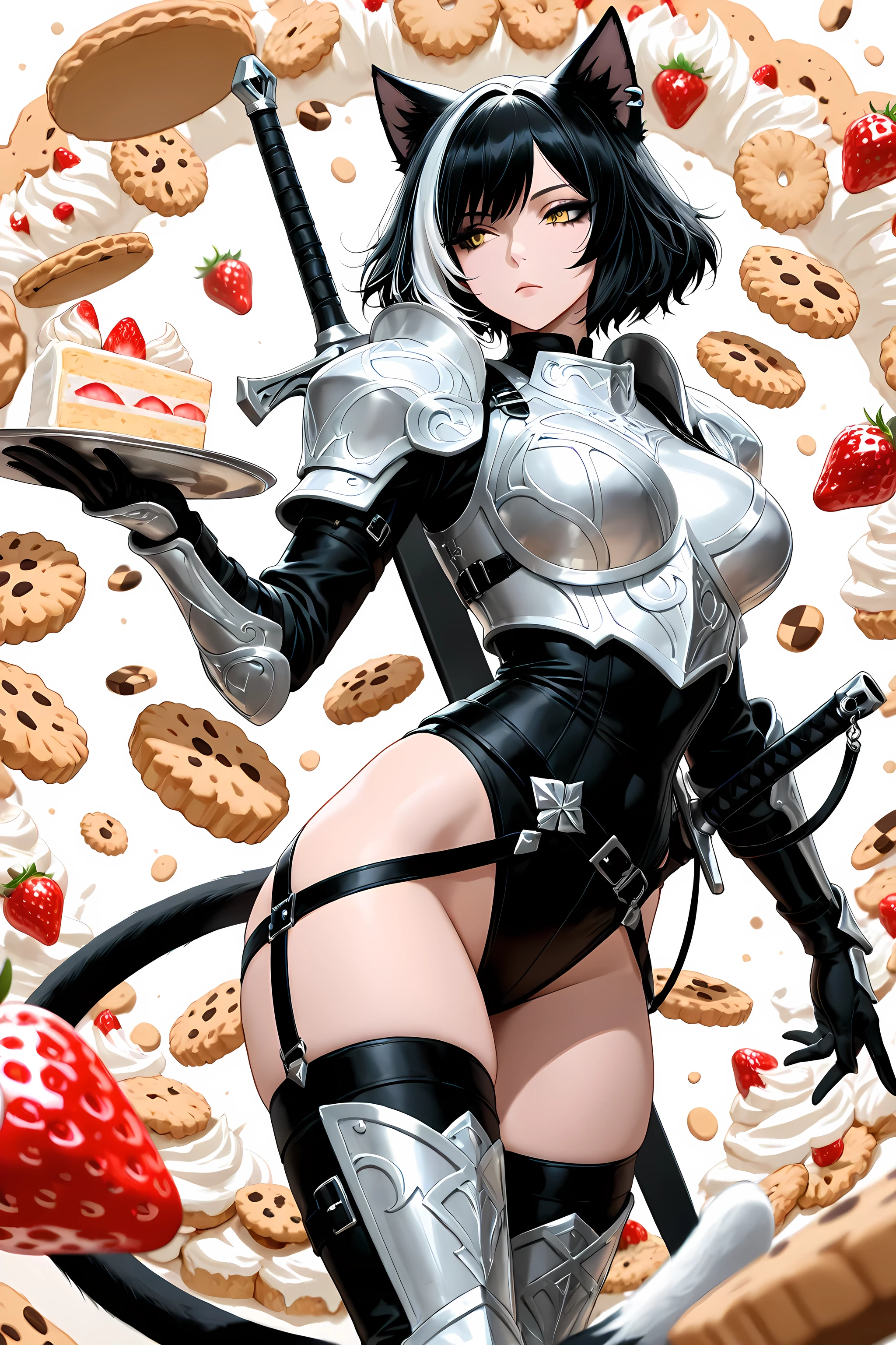 (masterpiece:1.1, best quality, ultra-detailed, 8k),
catgirl warrior, cat ear, two-tone black hair, white hair, tail swishing,
expressionless with one eye half-closed,
sheathed sword on back, sword strapped to back,
cookies-and-cream armor with cookie plates and cream layers,
dynamic ready stance, ear twitch,
monochrome sweets shop background, strawberry shortcake, whipped cream,
soft milk highlights, sharp cookie shadows, dreamy yet fierce contrast.