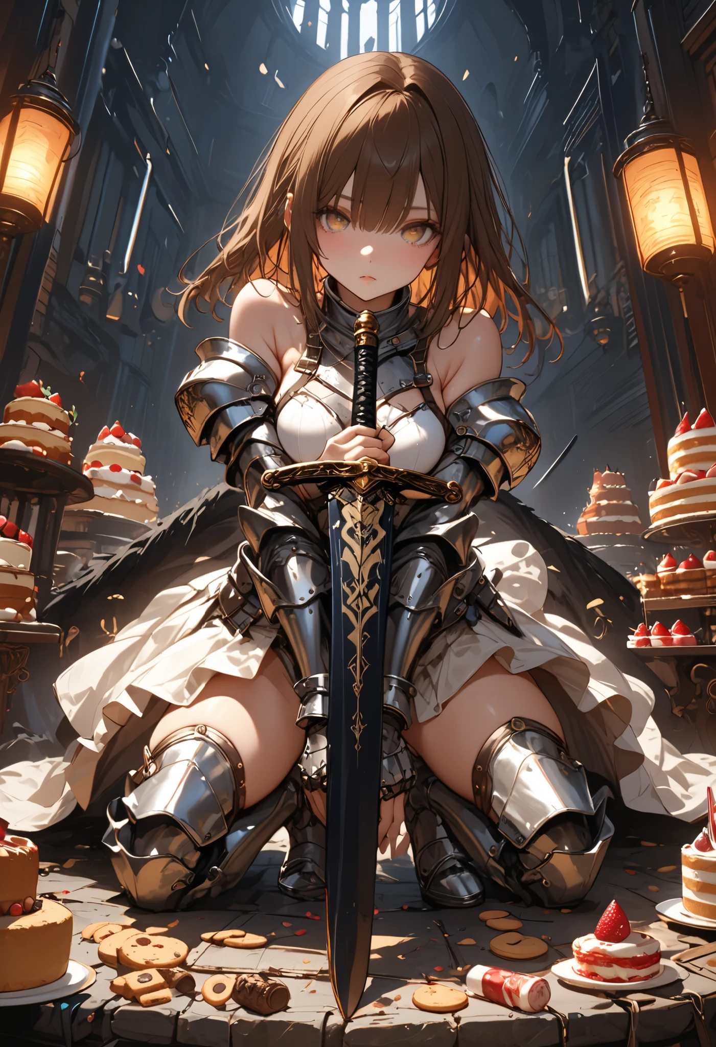 (((Knight of Cakes)))、The personification of a cake、Cookie Armor 、((big black sword))、((swordsman))、There's a big sword stuck in the floor、Beautiful girl、brown hair、Candy Castle、 Cookie Bricks,The Knights in Armor、strong pose、Cream dances、Lantern Light、(masterpiece,Highest Quality,ULTRA DETAIL,超high definition,detailed background),(1girl),watch the viewers,solo,masterpiece，（masterpiece），fuill body ,best quality ，（Highest Quality）， cinematiclighting ，（Cinematic Lights）、beautiful detailed eyes ，eye detail connected to an electric wire，uitra-detailed，（Super Detailed），highresolution， （high definition），8k，8K resolution，official art，（official illustration style），