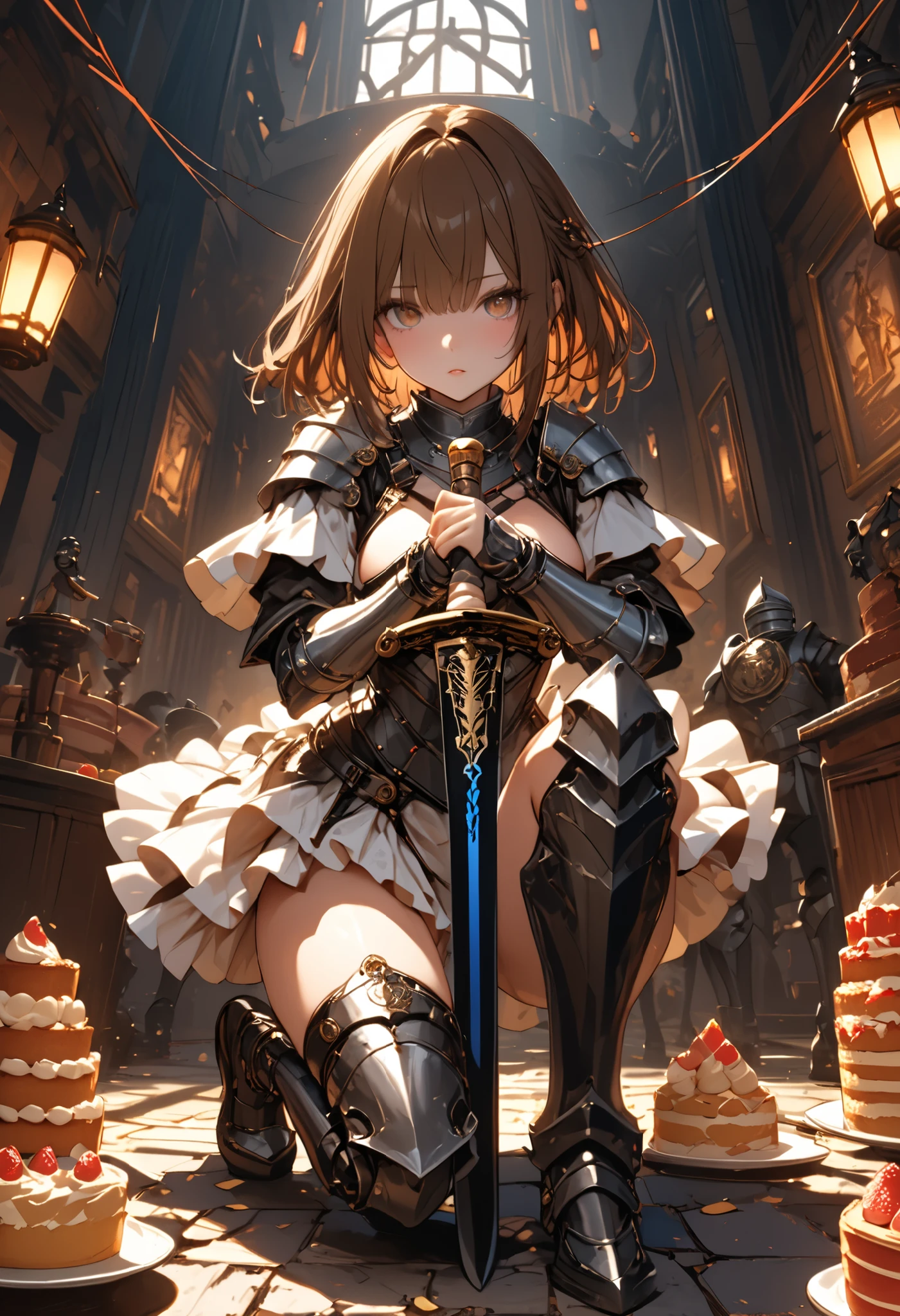 (((Knight of Cakes)))、The personification of a cake、Cookie Armor 、((big black sword))、((swordsman))、There's a big sword stuck in the floor、Beautiful girl、brown hair、Candy Castle、 Cookie Bricks,The Knights in Armor、strong pose、Cream dances、Lantern Light、(masterpiece,Highest Quality,ULTRA DETAIL,超high definition,detailed background),(1girl),watch the viewers,solo,masterpiece，（masterpiece），fuill body ,best quality ，（Highest Quality）， cinematiclighting ，（Cinematic Lights）、beautiful detailed eyes ，eye detail connected to an electric wire，uitra-detailed，（Super Detailed），highresolution， （high definition），8k，8K resolution，official art，（official illustration style），