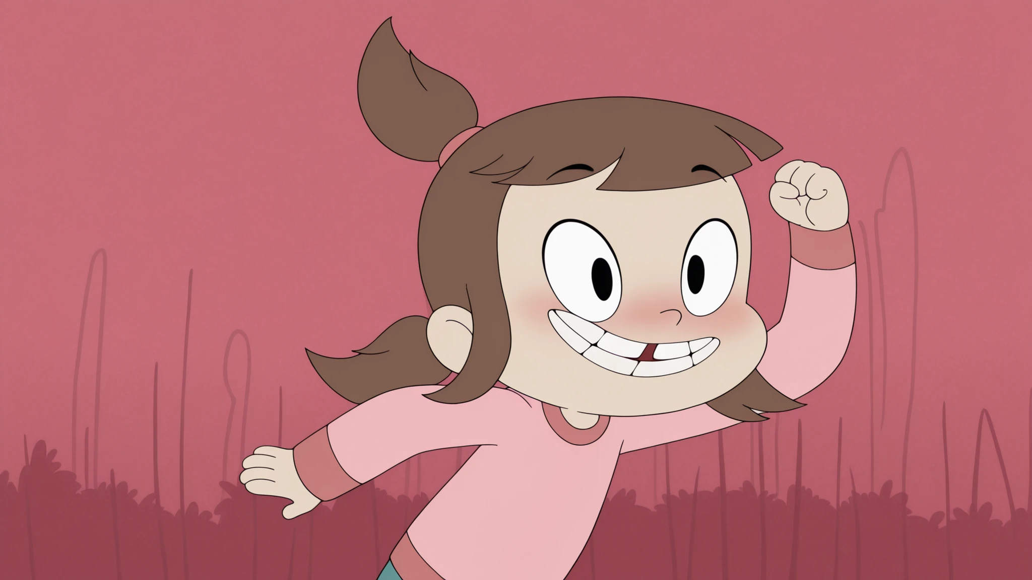 a_ey, missing tooth, 1girl, black eyes, brown hair, bangs, ponytails, high ponytail, elastic band,longsleeve, pants, sneakers, folded, looking at viewer, embarrassed, happy,