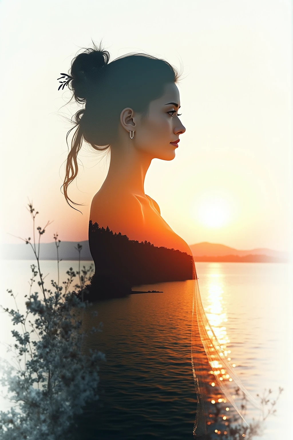High quality，8K Ultra HD，美丽的Doubleexposure，combines the silhouette of the goddess with the sunset coast，The sunset coast should be used as the bottom background，details are incorporated into the goddess's silhouette，Clear lines，The background is monochromatic，Sharp focus，Doubleexposure，by Yukisakura，extremely wonderful full color