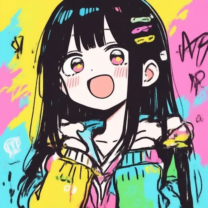 1girl, anime style, flat art, doodle style, colorful , pop art, graffiti,