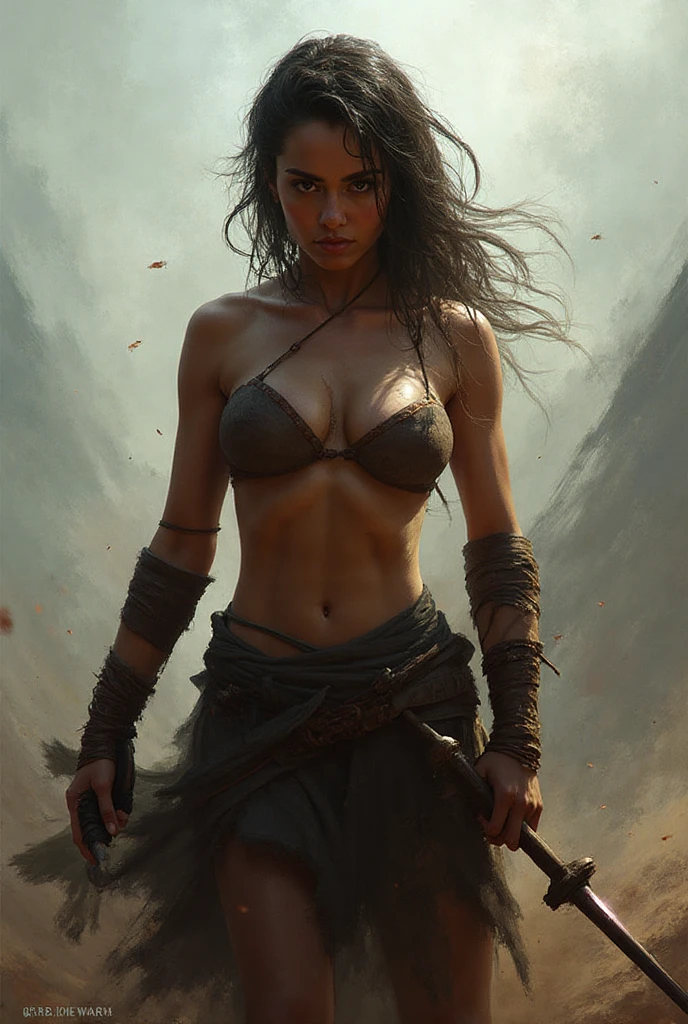 Muscular goddes of war wearing a ripped black tanktop