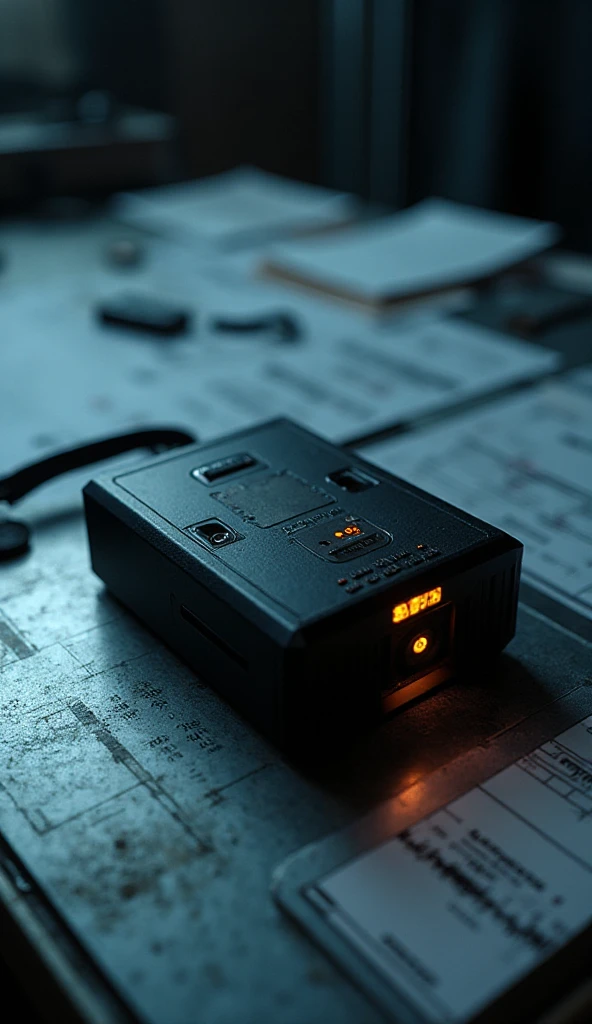 A hyper-realistic documentary-style close-up of an airplane black box ...